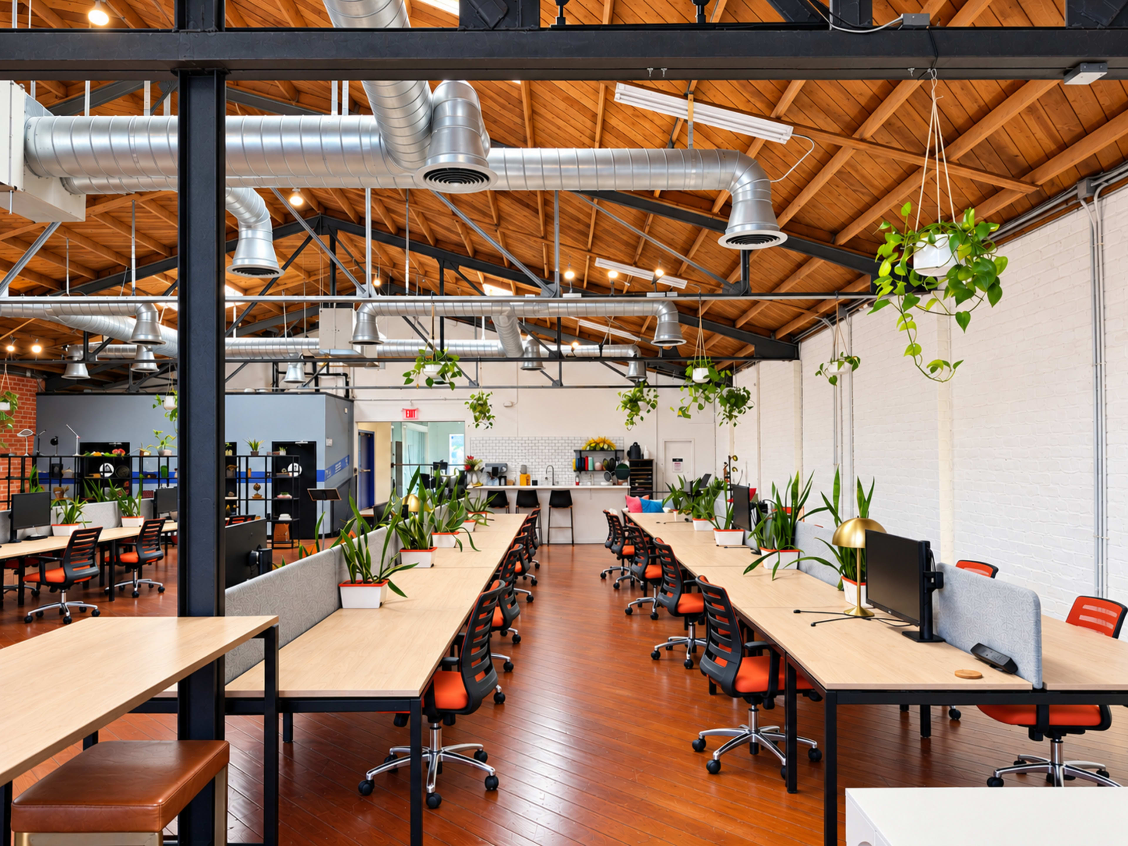 The image shows a spacious office with rows of desks, ergonomic chairs, and green plants hanging from the ceiling, featuring wooden beams and industrial elements.