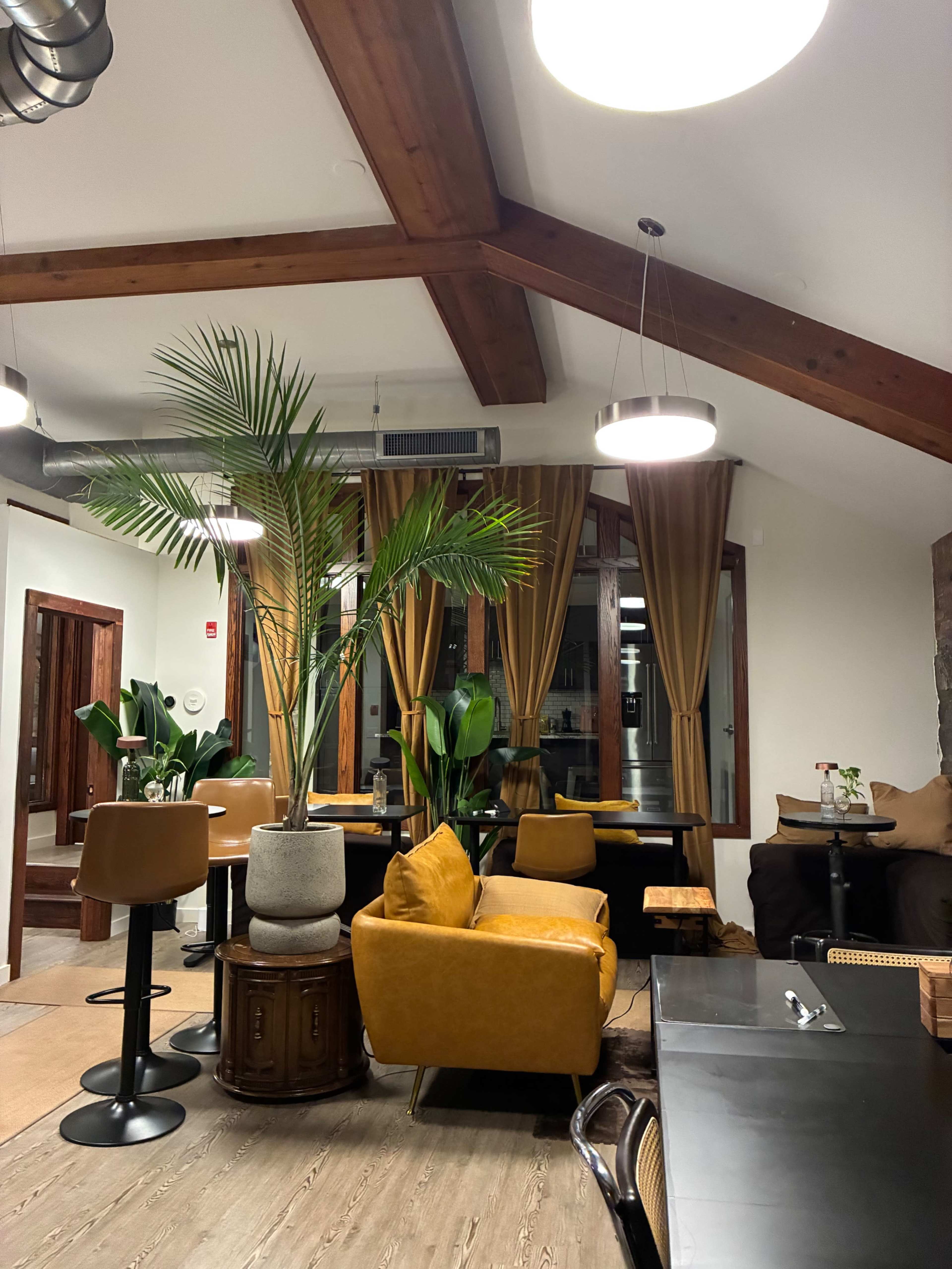 The image shows a cozy café interior with wooden beams, a variety of seating options, and potted plants.