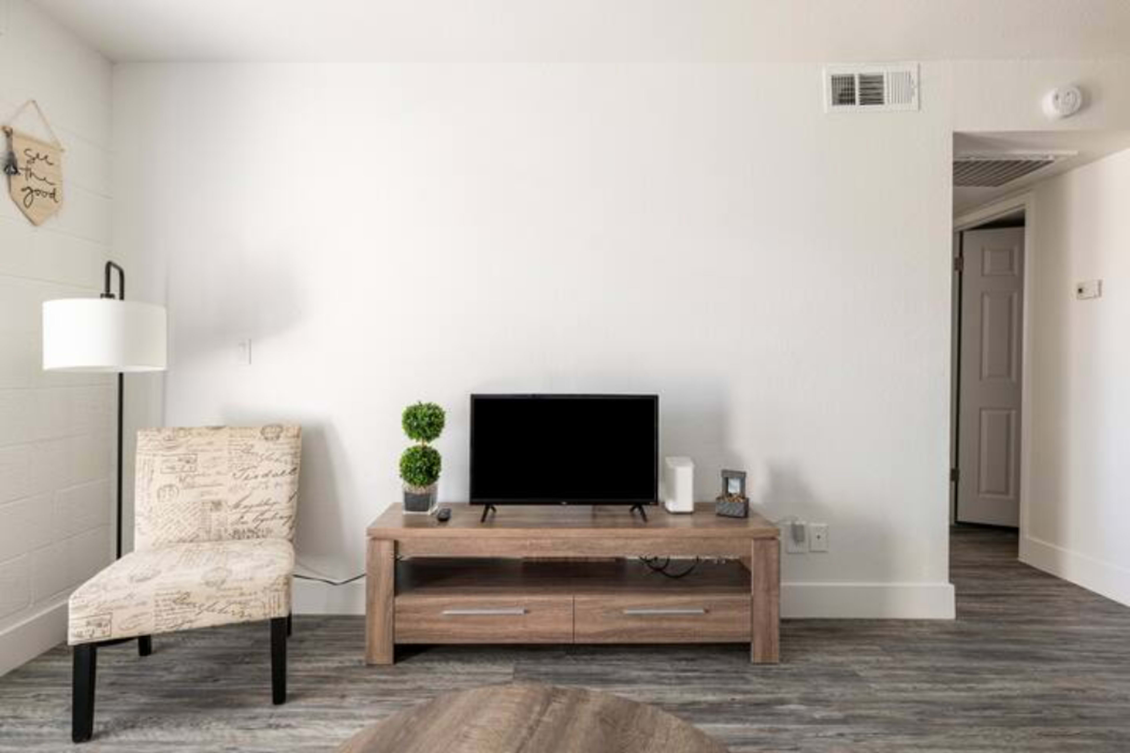 A minimalist living room with a television on a wooden console, a patterned chair, and potted plants, all set against a white wall.