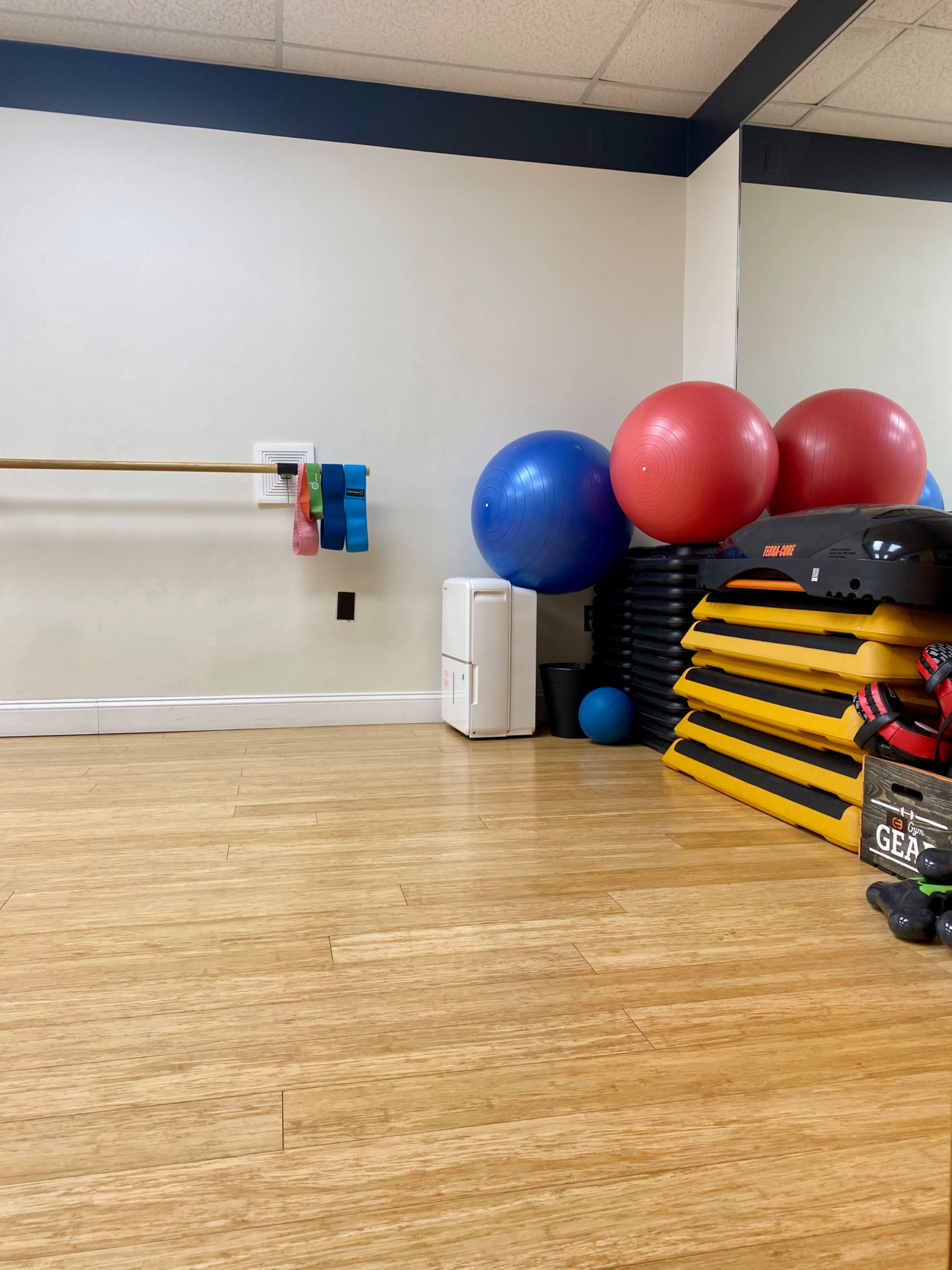 The image shows a fitness studio with exercise equipment, including stability balls, resistance bands, and stacked mats along a wall.