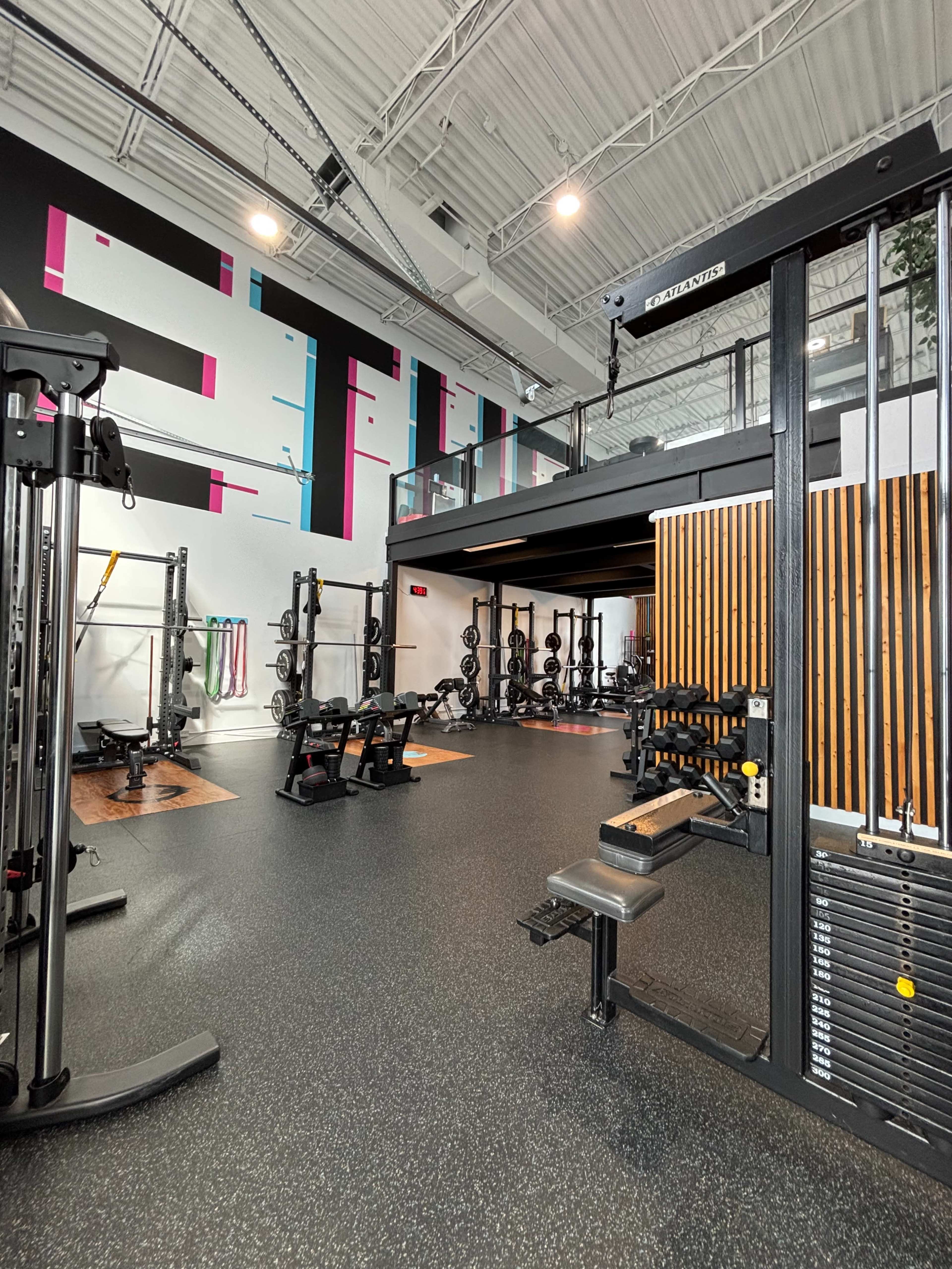 The image shows a spacious gym equipped with various workout machines and weights, set against a colorful mural on the wall.