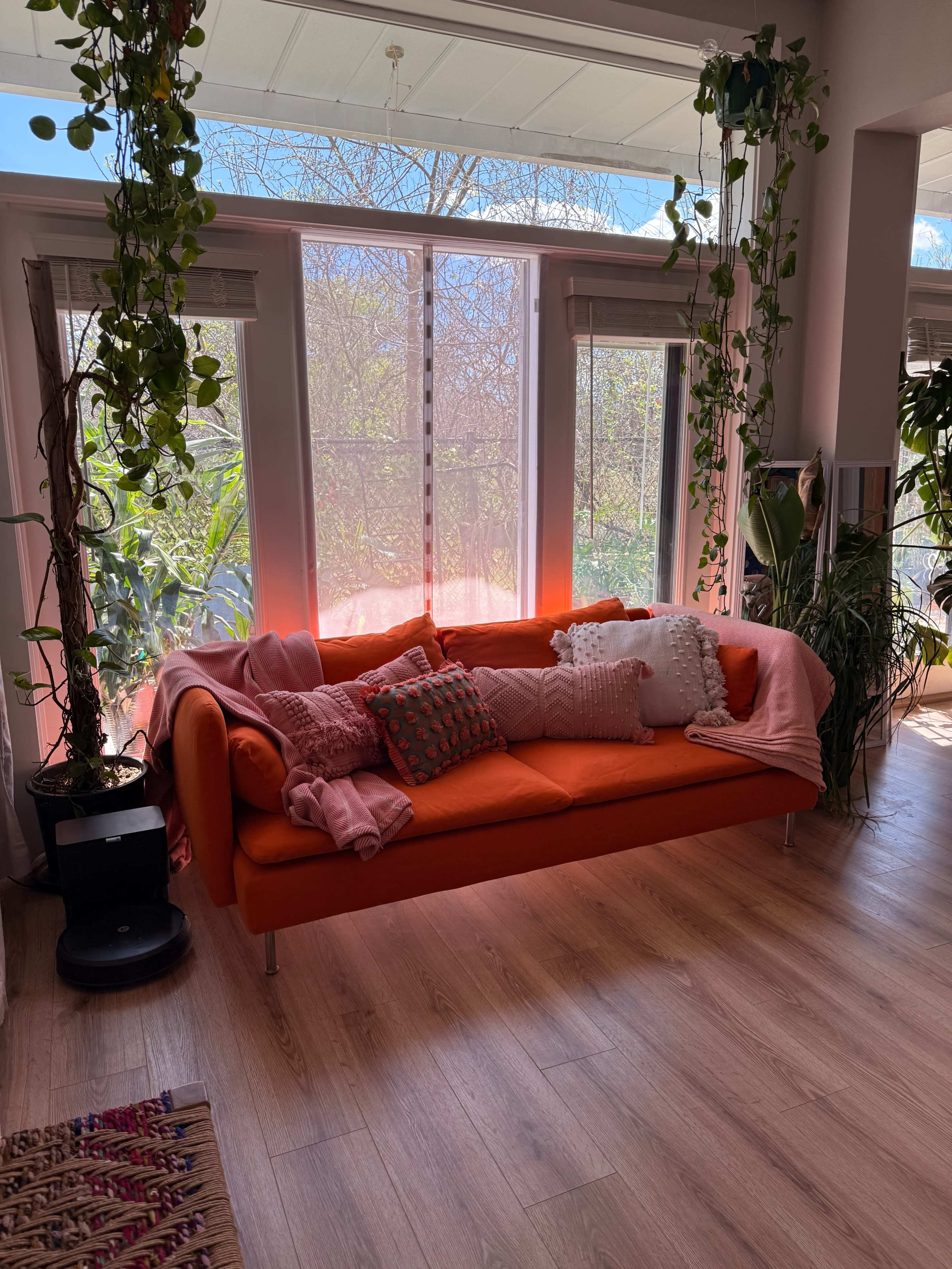 A bright orange couch is placed near large windows, surrounded by indoor plants and adorned with various cushions and a pink throw blanket.