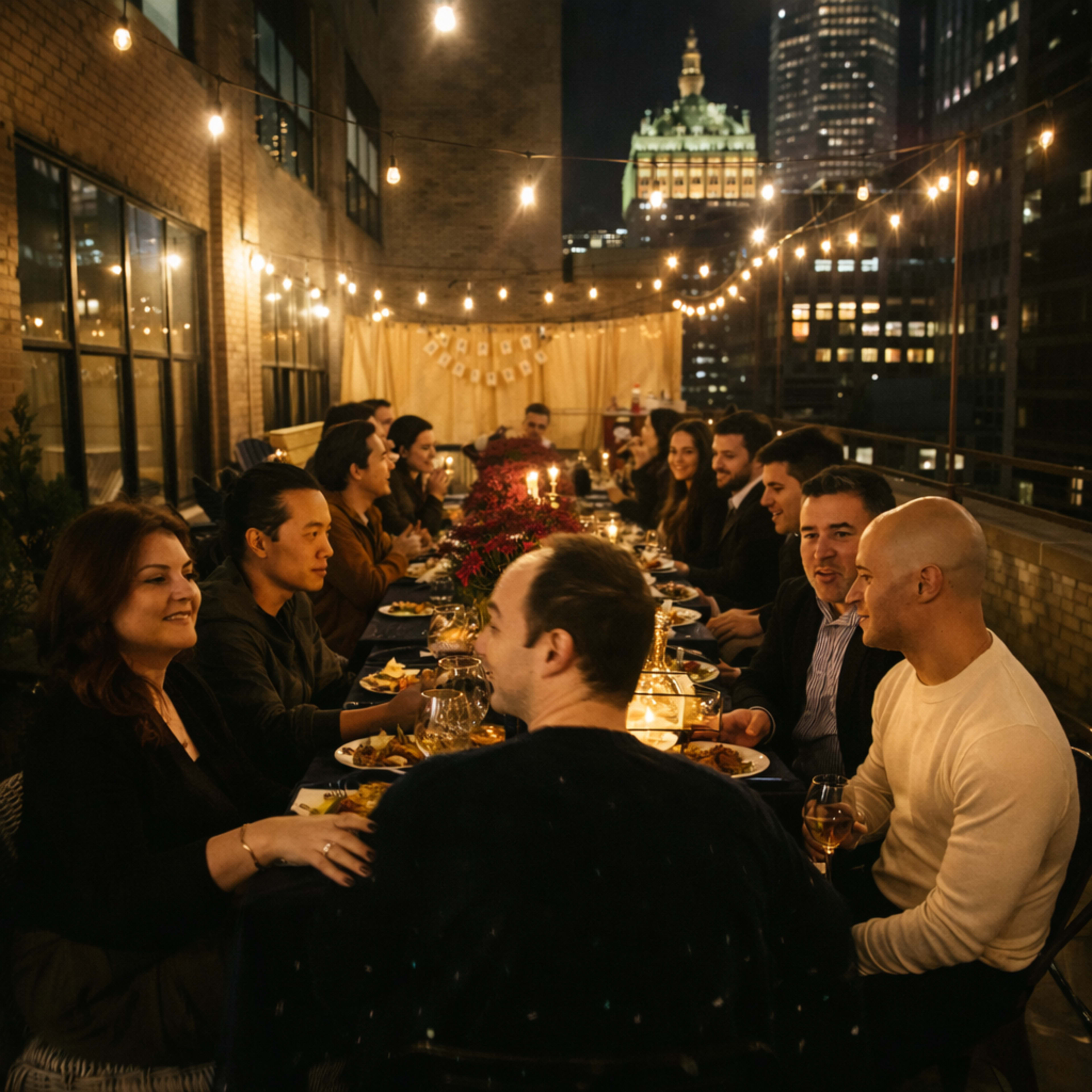 A large group of people is seated around a long table on a rooftop terrace, enjoying dinner together under string lights with city buildings in the background.