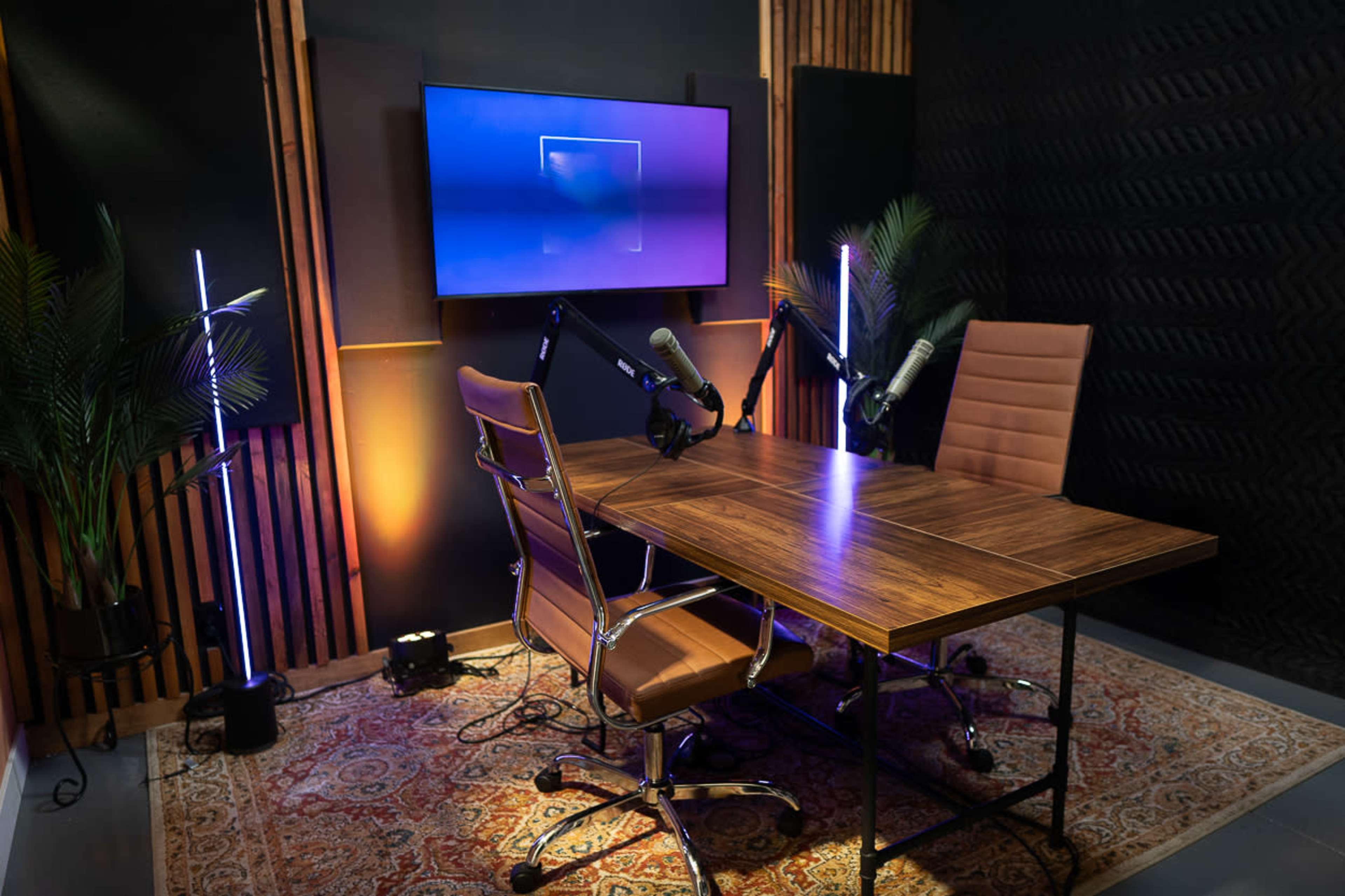 A podcast studio setup with a wooden table, two chairs, microphones, and a large screen, surrounded by acoustic panels and plants.