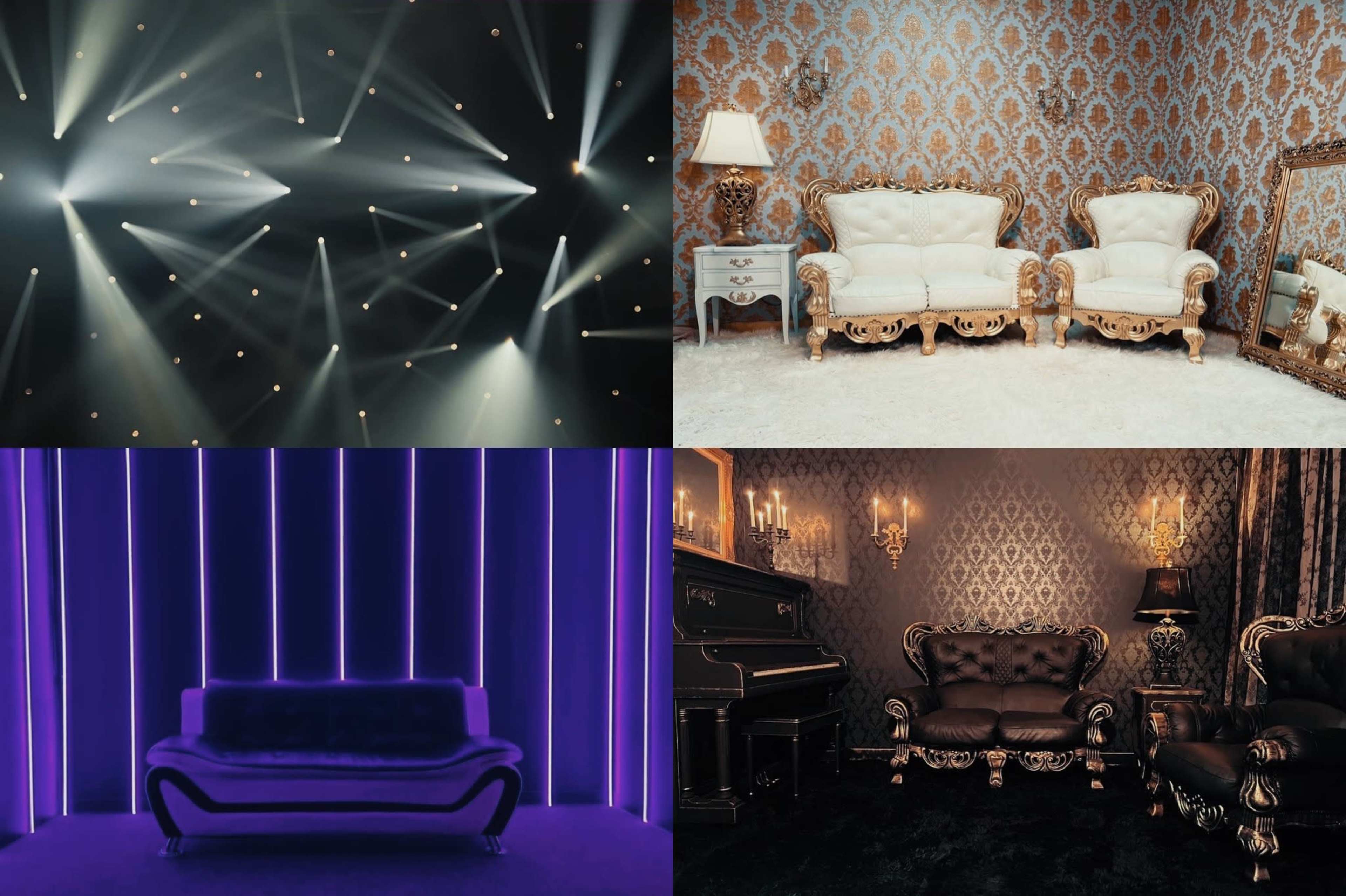 The image features four distinct interior scenes: the top left showcases dramatic beams of light, the top right displays an elegant sitting area with ornate furniture, the bottom left features a modern purple-lit room with a sleek couch, and the bottom right presents a luxurious space with intricate wallpaper and dark furniture.