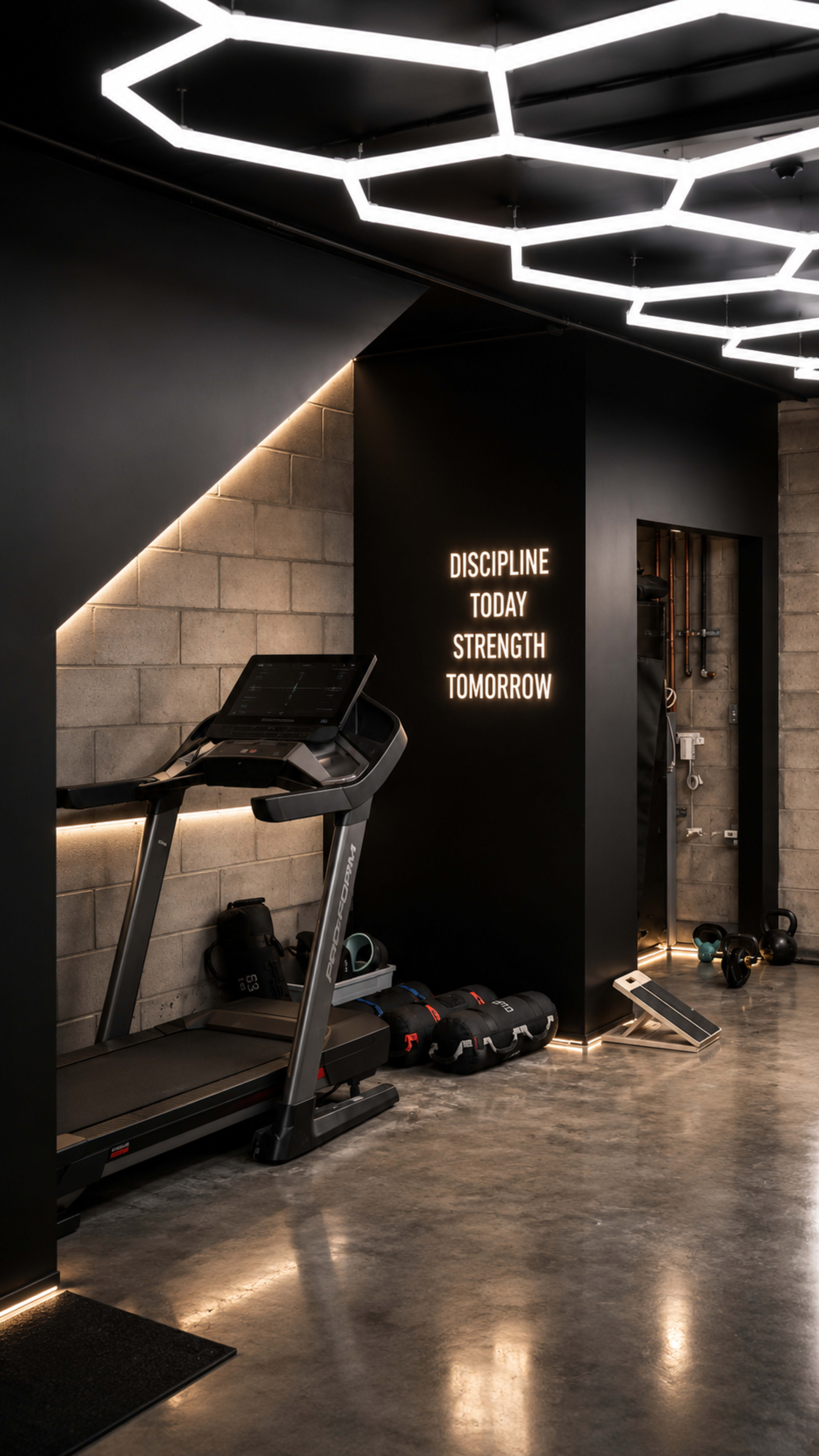 The image shows a modern gym interior featuring a treadmill, motivational wall art, and exercise equipment arranged neatly in a well-lit space.