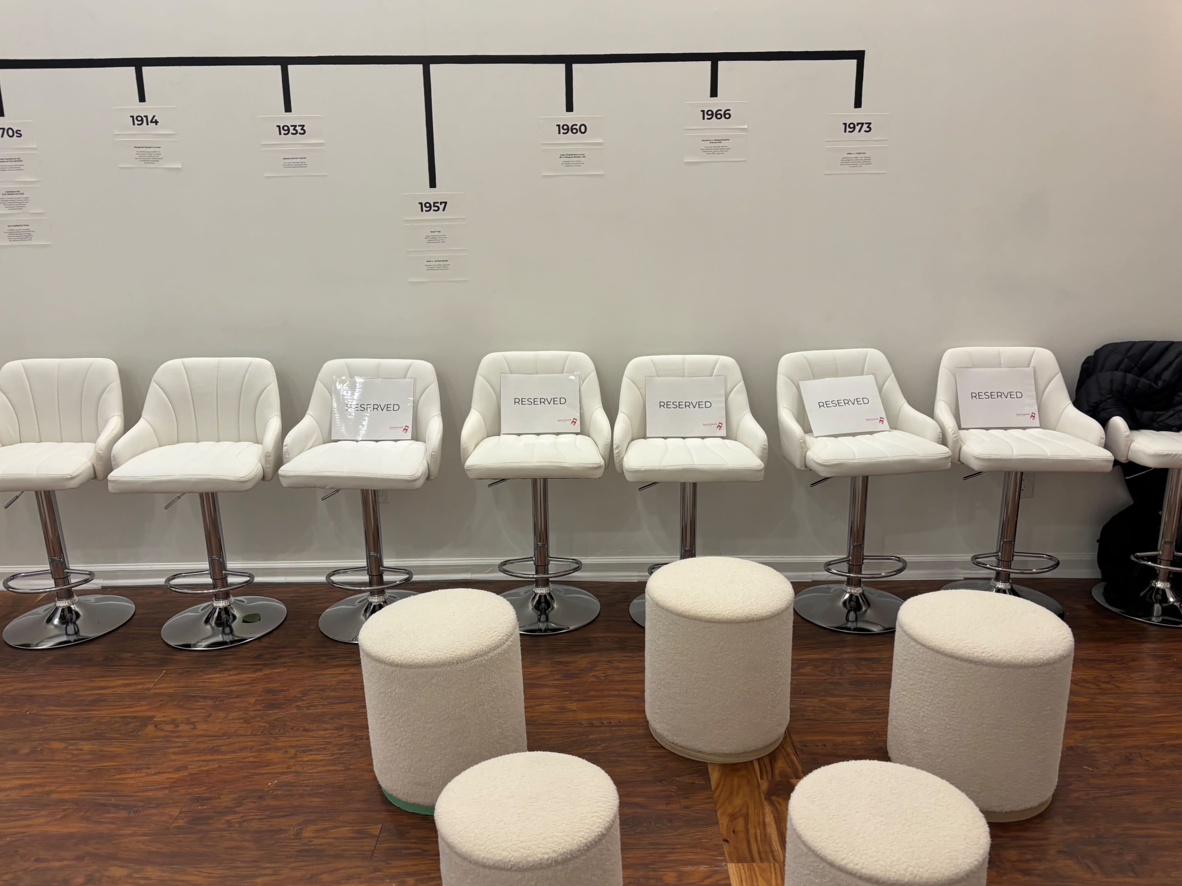 The image shows a row of white bar stools with a reserved sign, positioned in front of a timeline displayed on the wall.