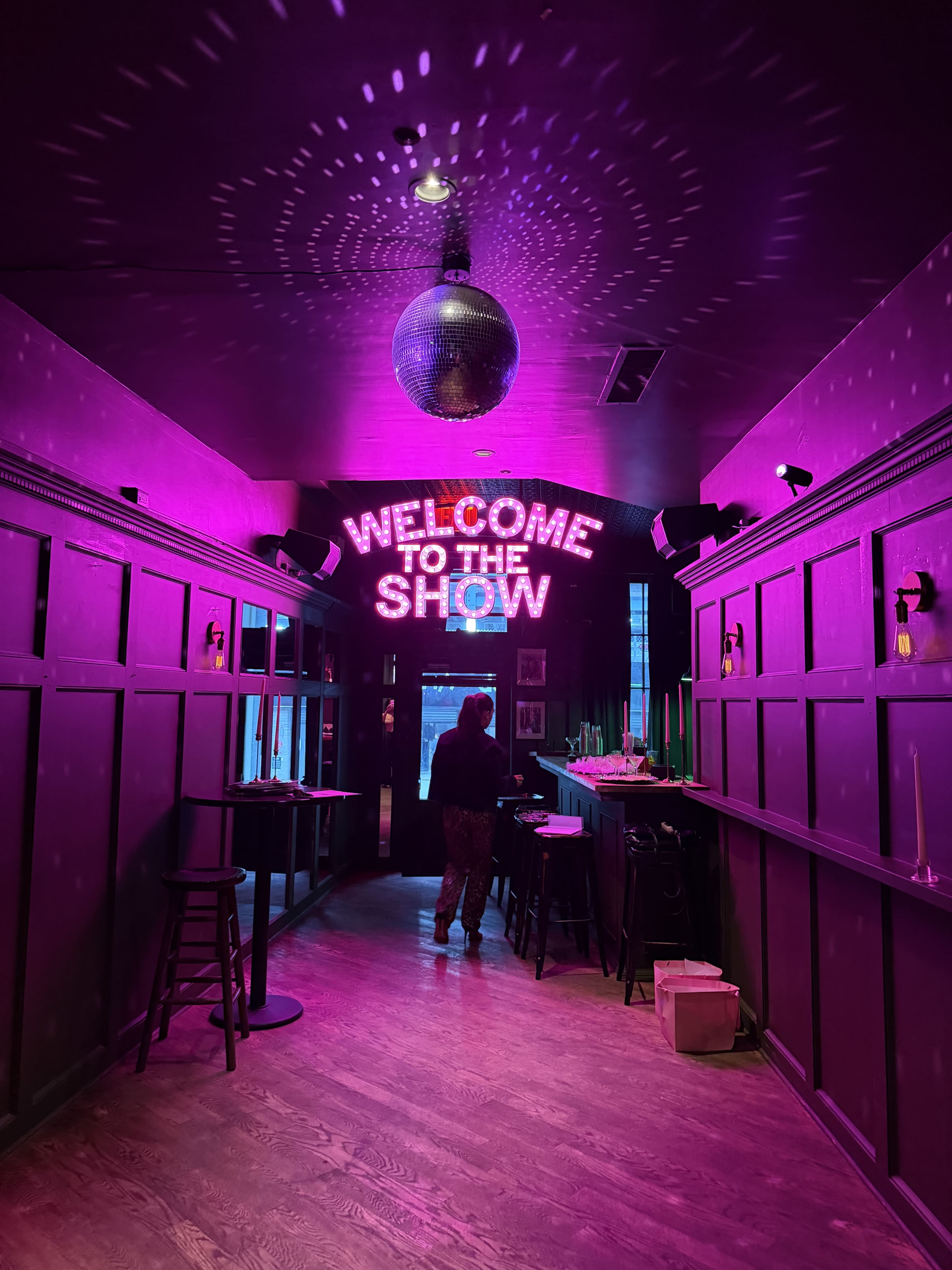 A dimly lit corridor with purple lighting features a sparkling disco ball and a sign that reads "WELCOME TO THE SHOW."