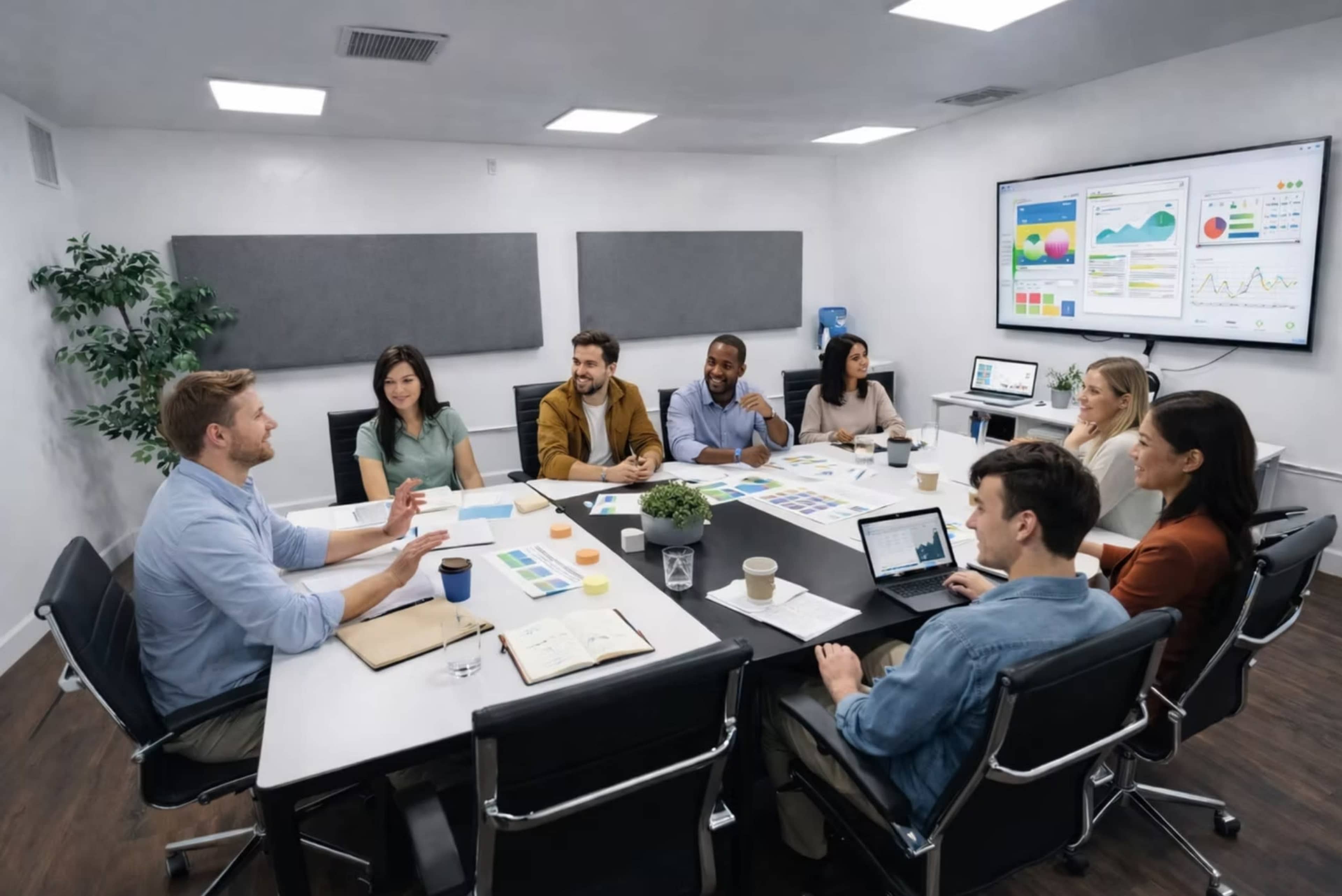 A group of eight professionals engages in a discussion around a conference table, with screens displaying charts and graphs in the background.