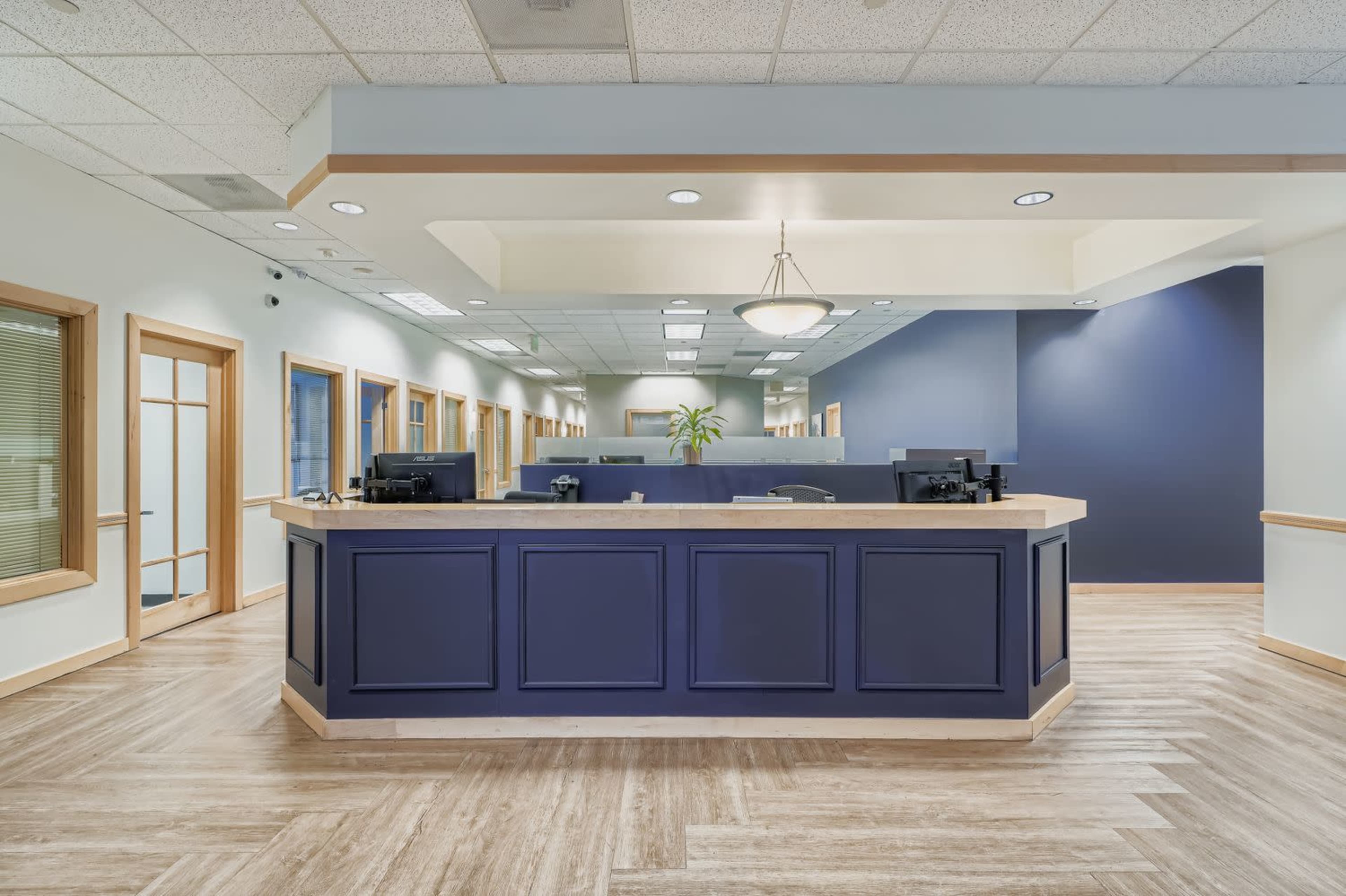 A modern reception area features a large, blue-toned reception desk with computers and a plant in a well-lit, spacious environment.