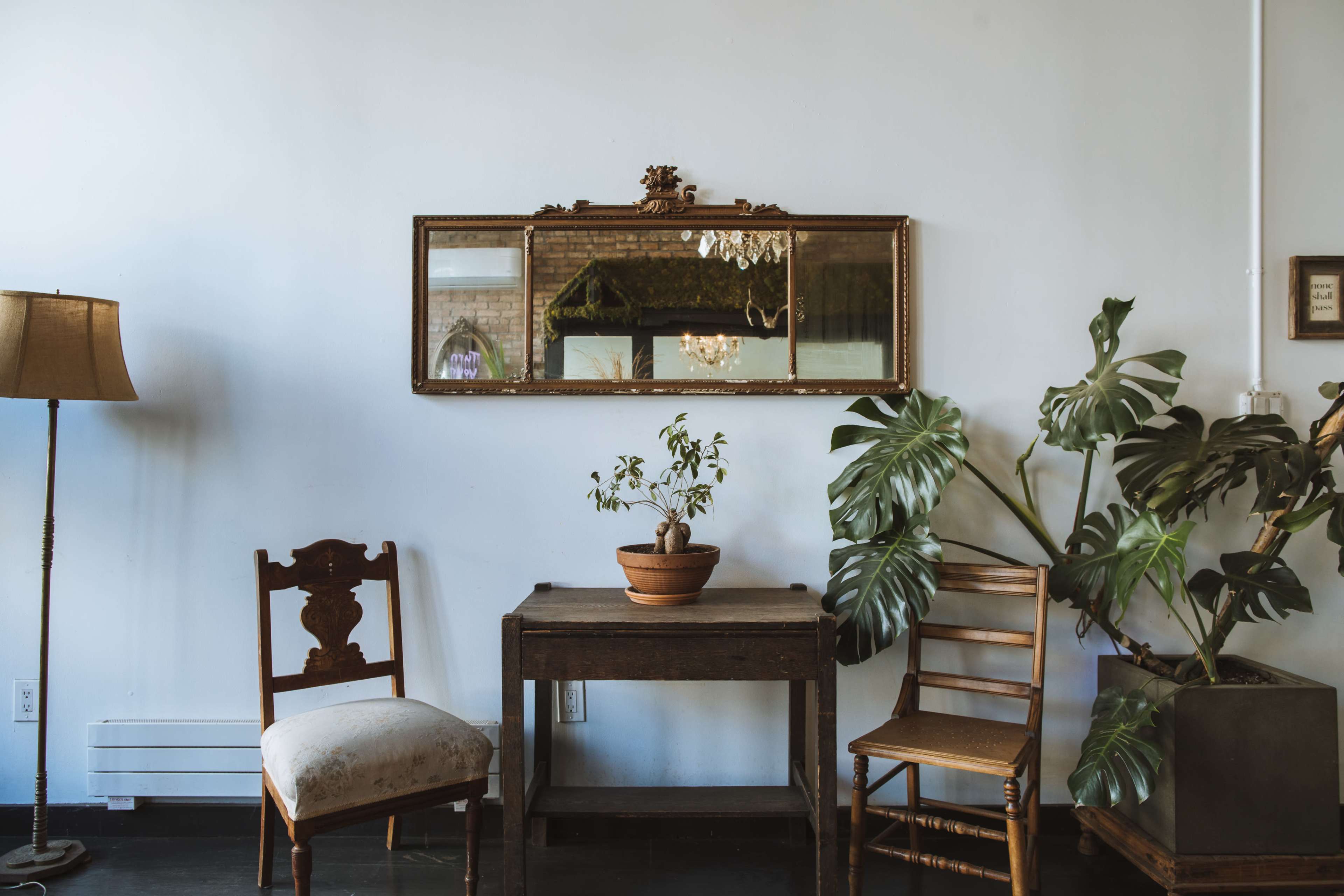 The scene features a vintage room with a wooden table, two chairs, a potted plant on the table, a floor lamp on the left, and a large mirror above the table reflecting the space.