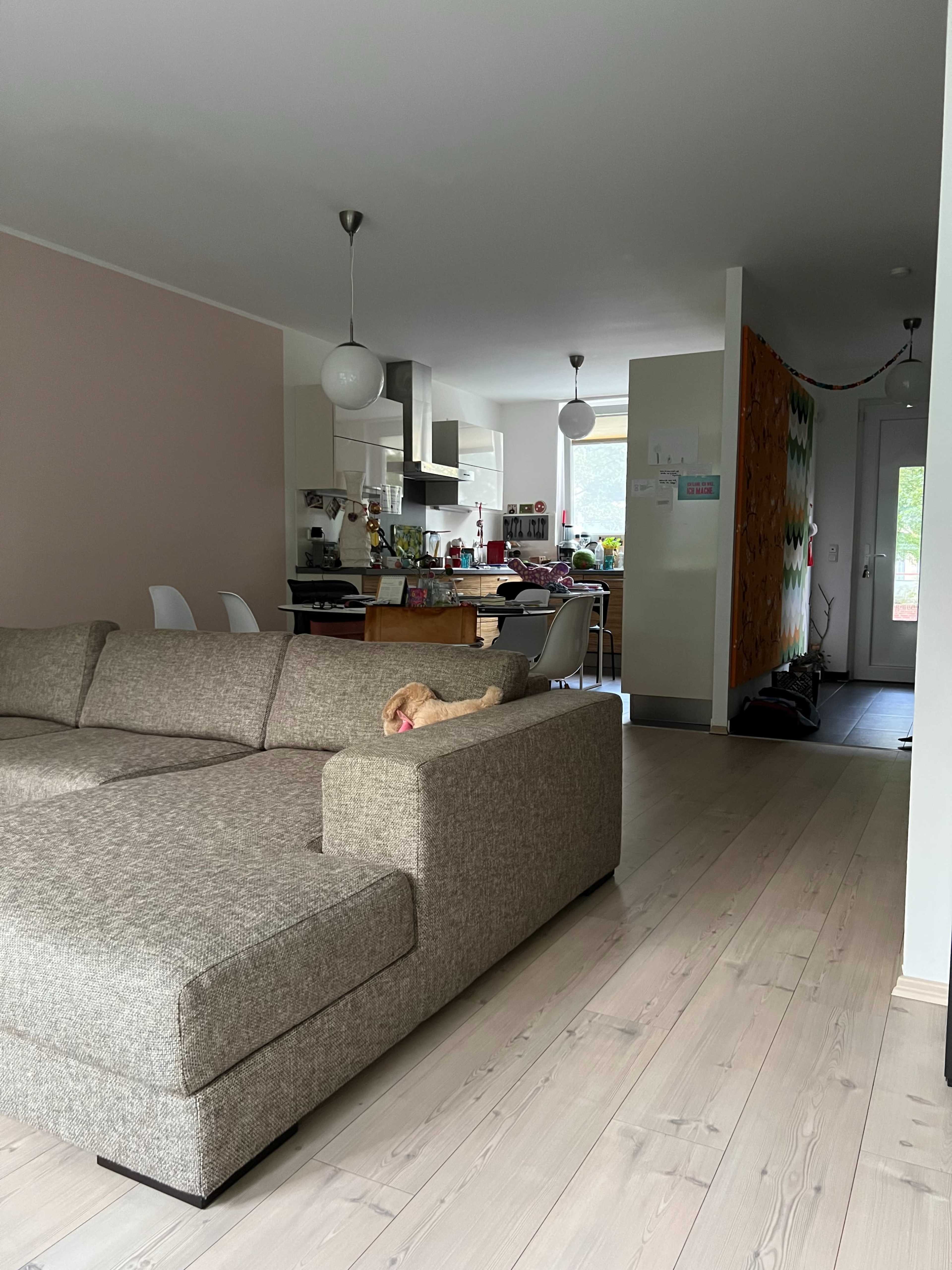 A cozy living room features a gray sectional sofa and an open kitchen area with various items on the counters.