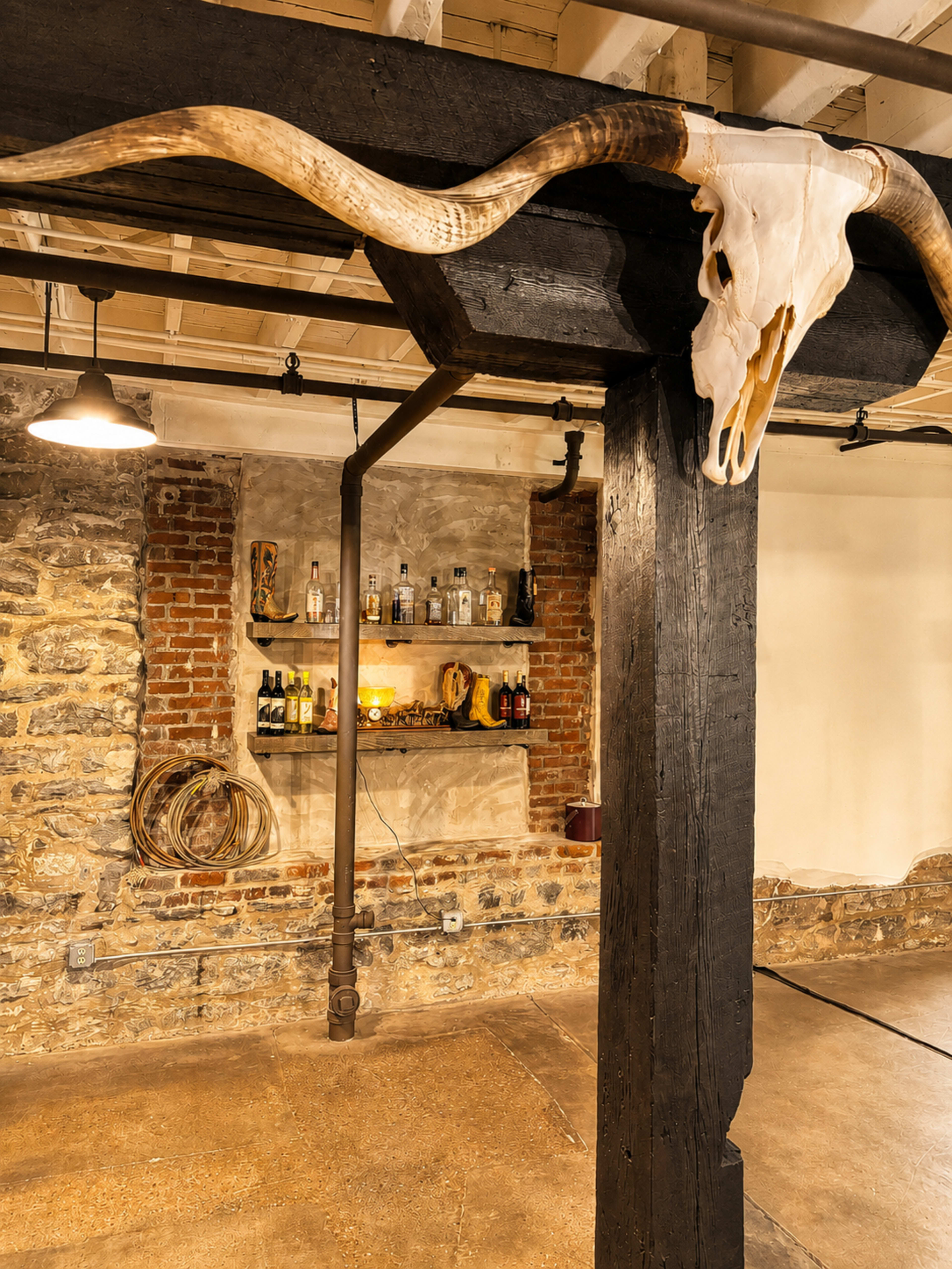 The interior features a rustic bar area with a longhorn skull mounted on a wooden beam, surrounded by exposed brick and a shelf of various bottles in the background.