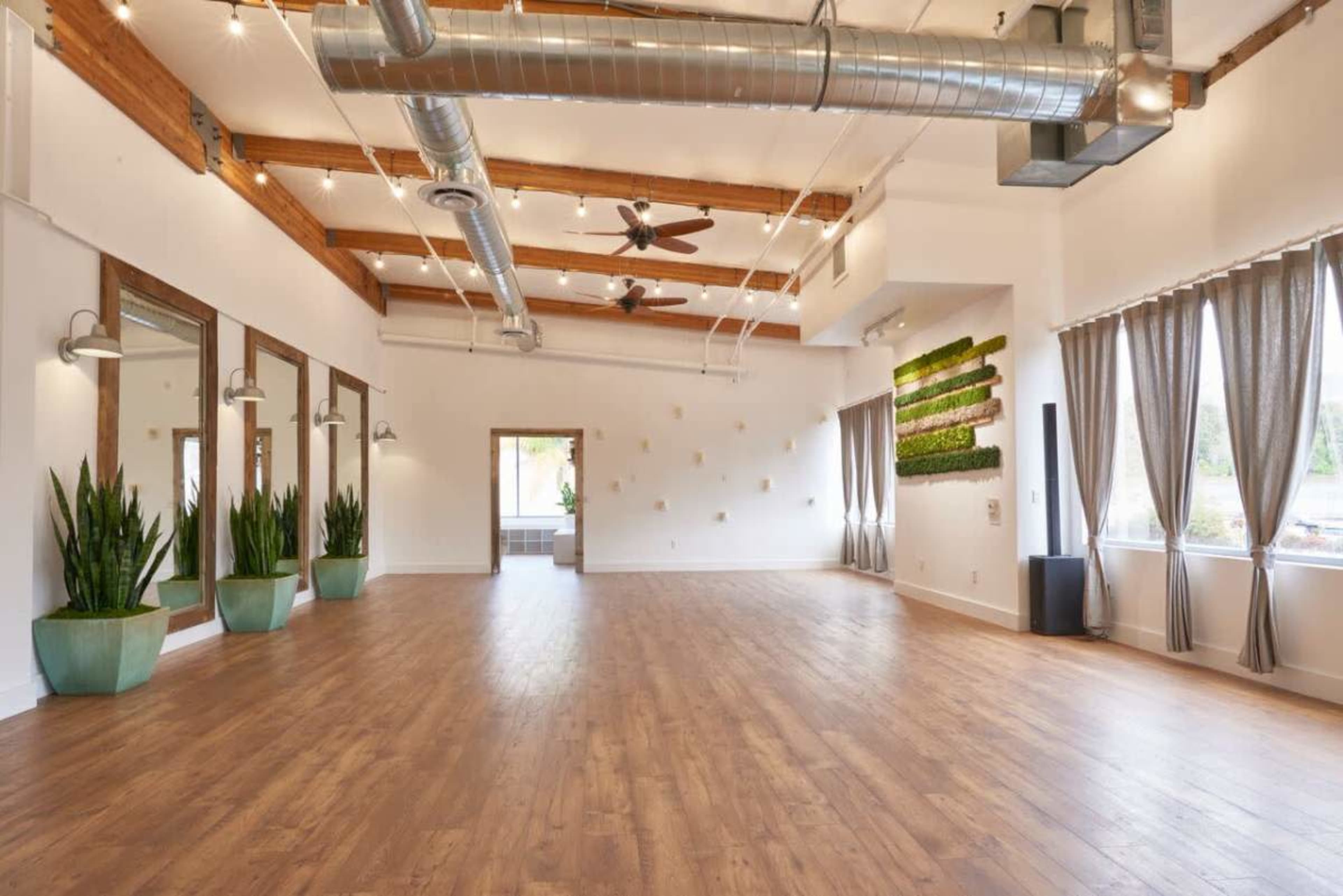 The image shows a spacious, well-lit studio with wooden flooring, large mirrors, potted plants, and green wall decorations.
