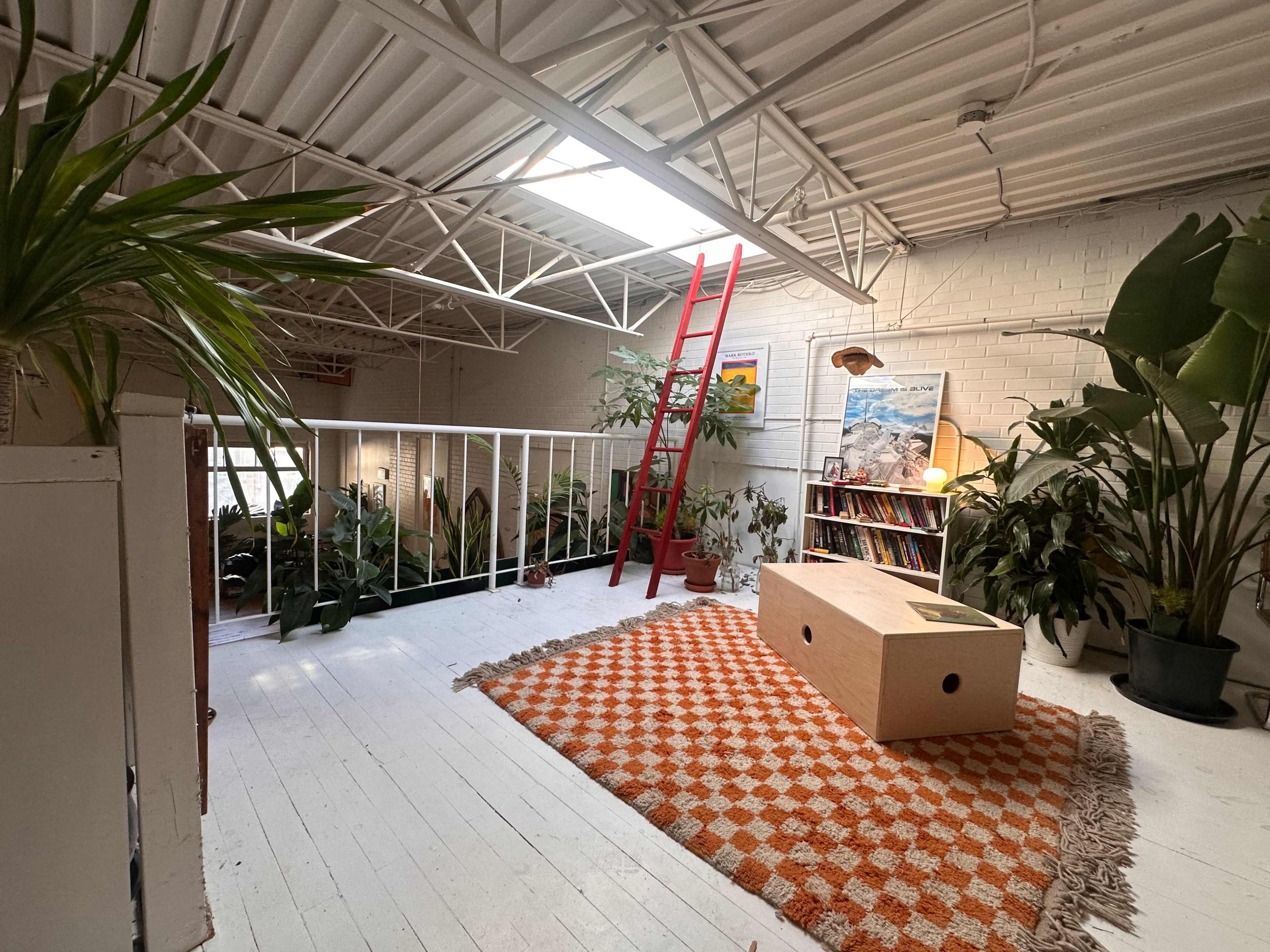 The image shows a bright, open space with a wooden floor, a large orange and white patterned rug, a wooden box coffee table, plants throughout, and a red ladder against a white wall.