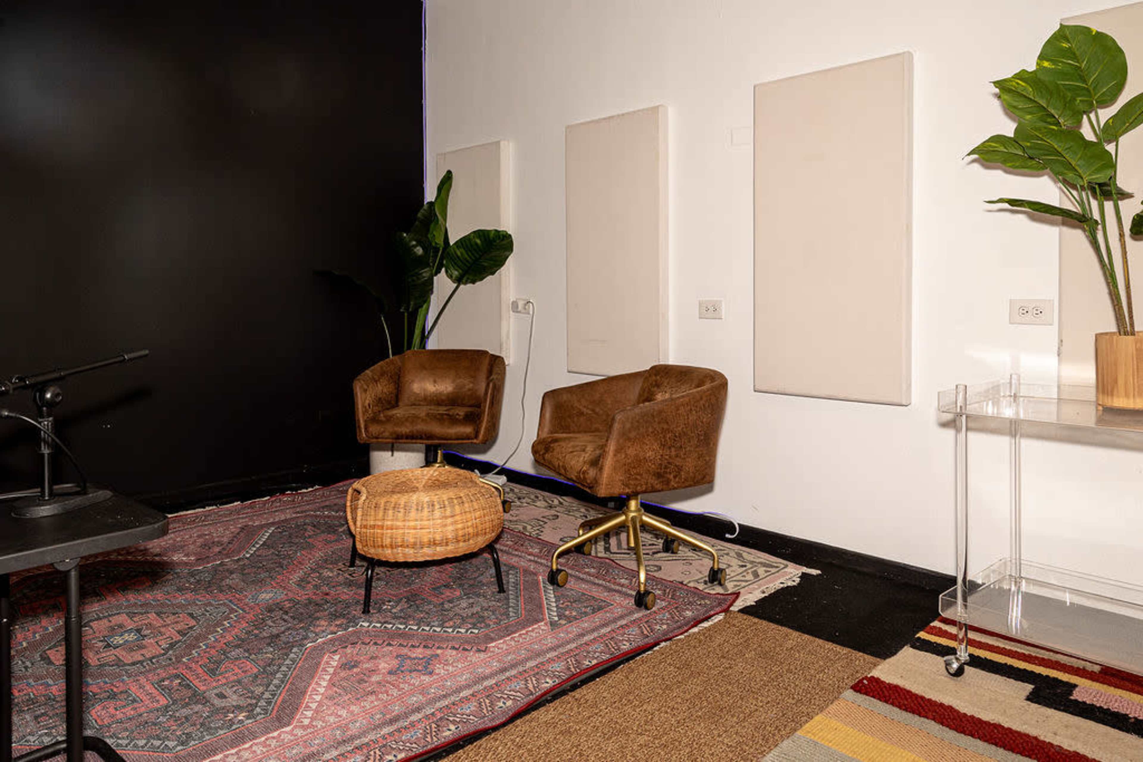The image shows a small, minimalistic room with two brown velvet chairs, a round woven ottoman, and a large potted plant, all arranged on a patterned rug against a black and white wall.
