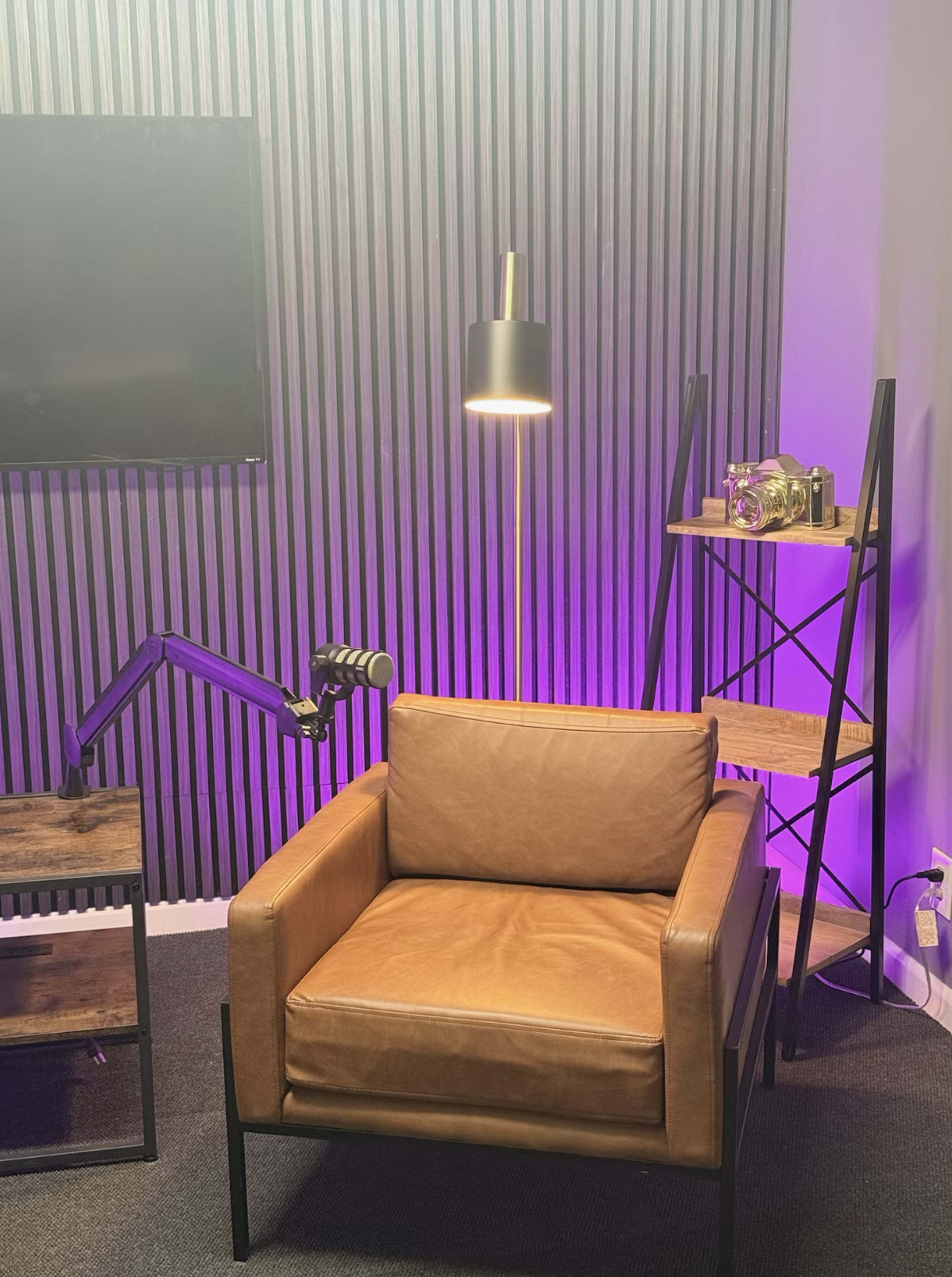 The image shows a brown leather armchair next to a modern floor lamp and a black shelving unit with decor, all set against a backdrop of vertical wooden slats.