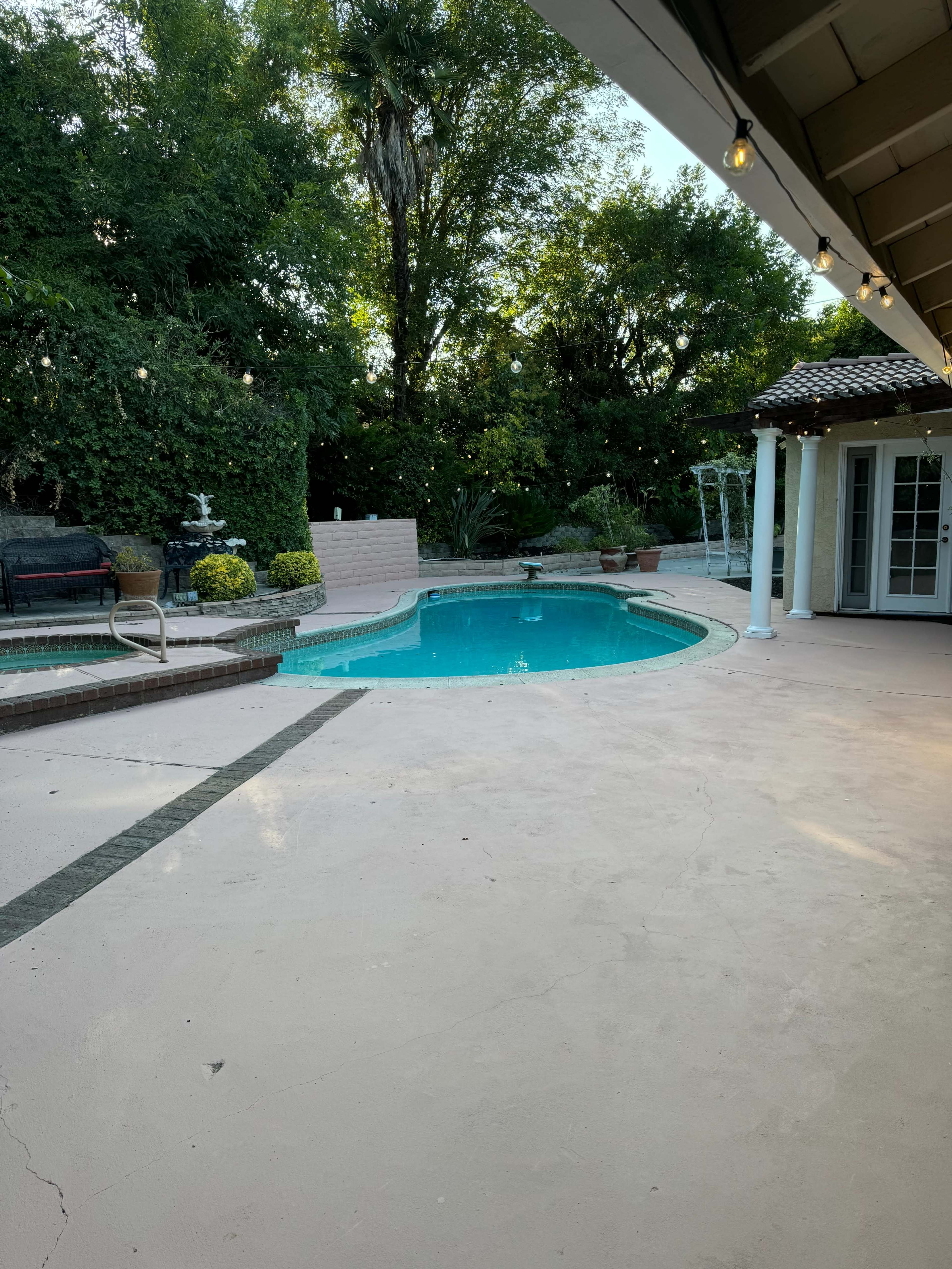 A patio area with a swimming pool surrounded by greenery and patio furniture.