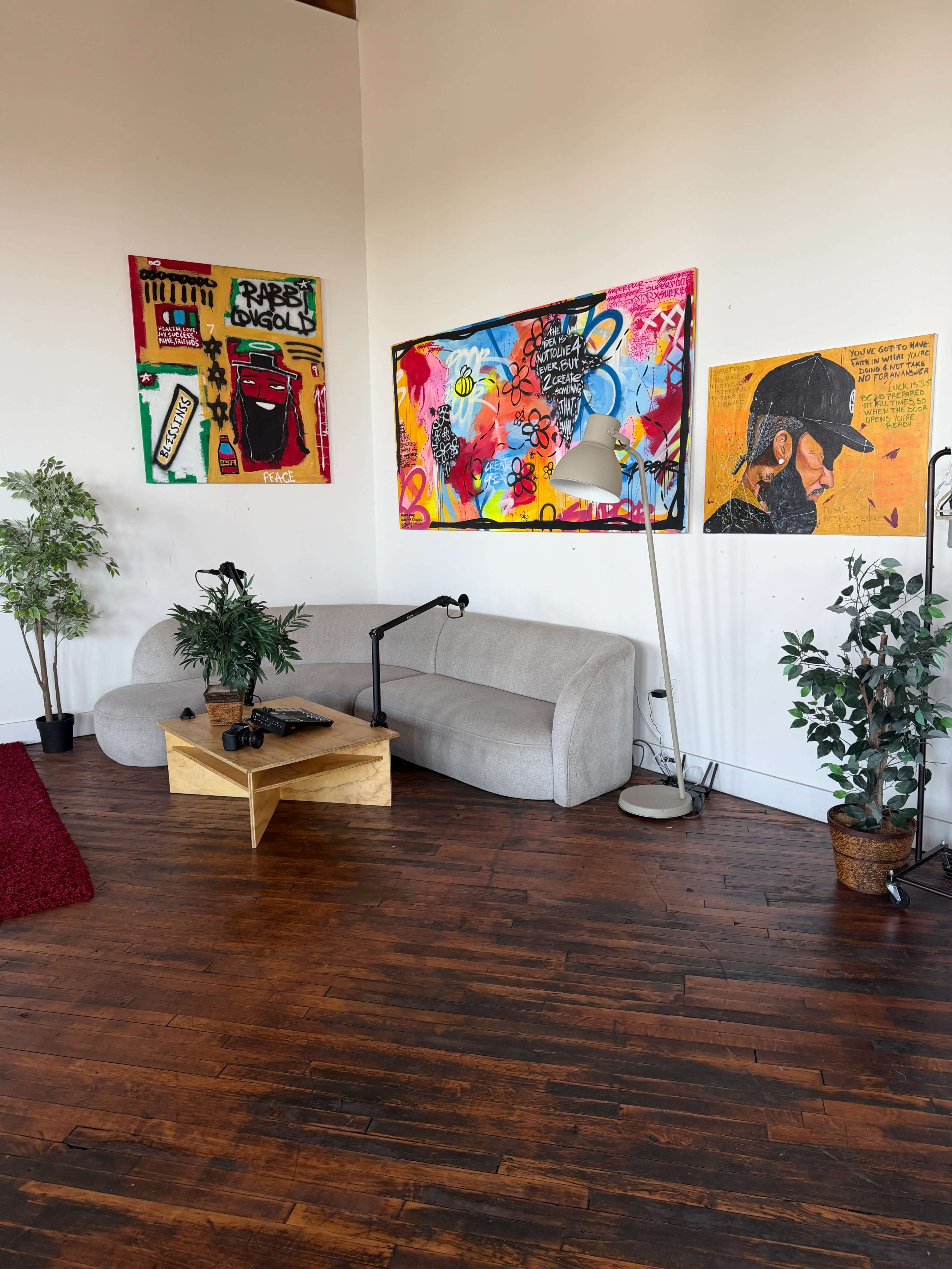 The image shows a modern living space featuring a gray couch, a wooden coffee table with a gaming console, and colorful artwork displayed on the walls, alongside potted plants.