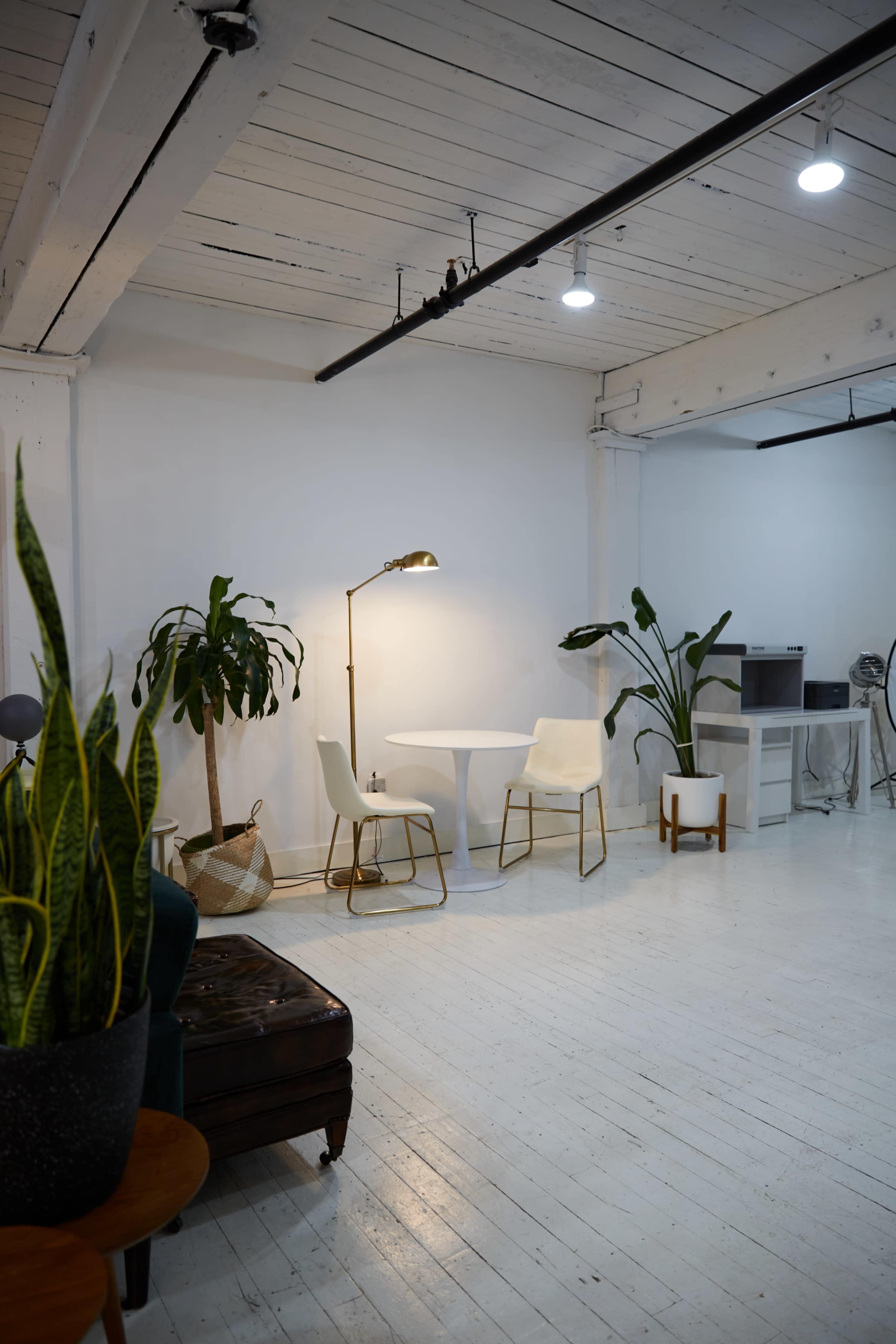 A minimalist indoor space with two white chairs around a small table, accompanied by potted plants and a lamp on a stand.