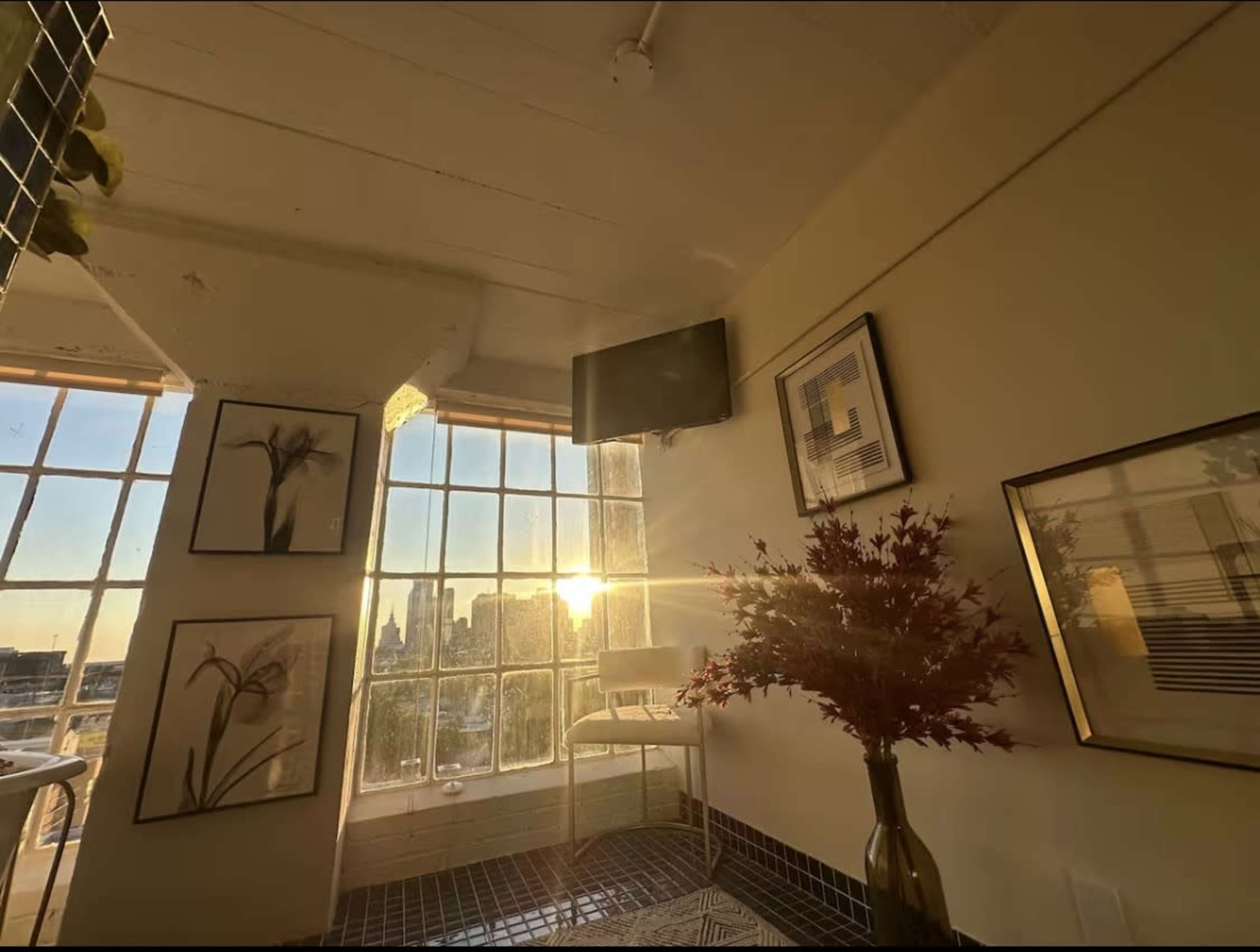 The scene shows a sunlit corner of a room with large windows, plants, framed artwork on the walls, and a vase of flowers.