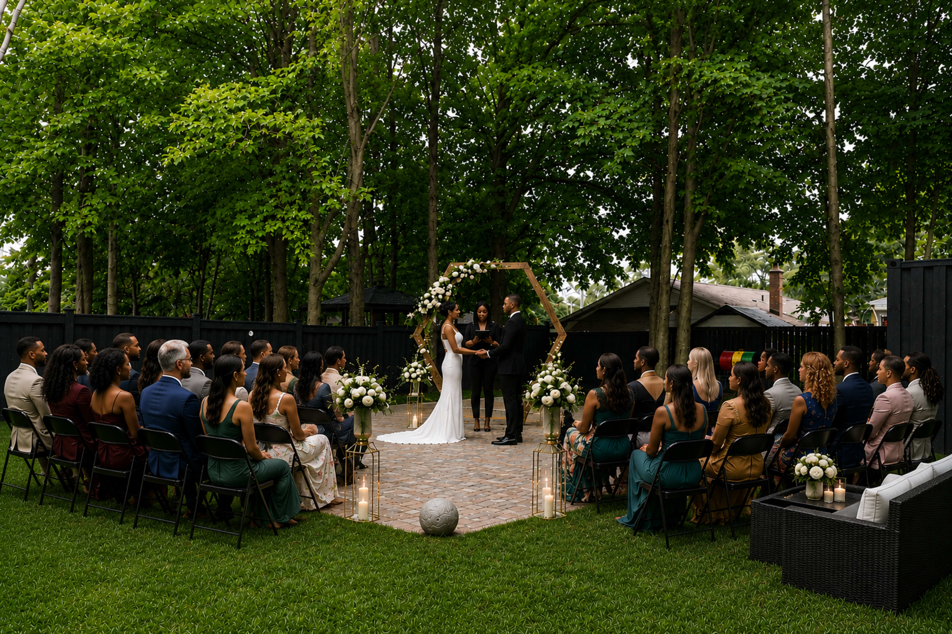 A couple exchanges vows under a floral arch surrounded by seated guests in an outdoor ceremony space.