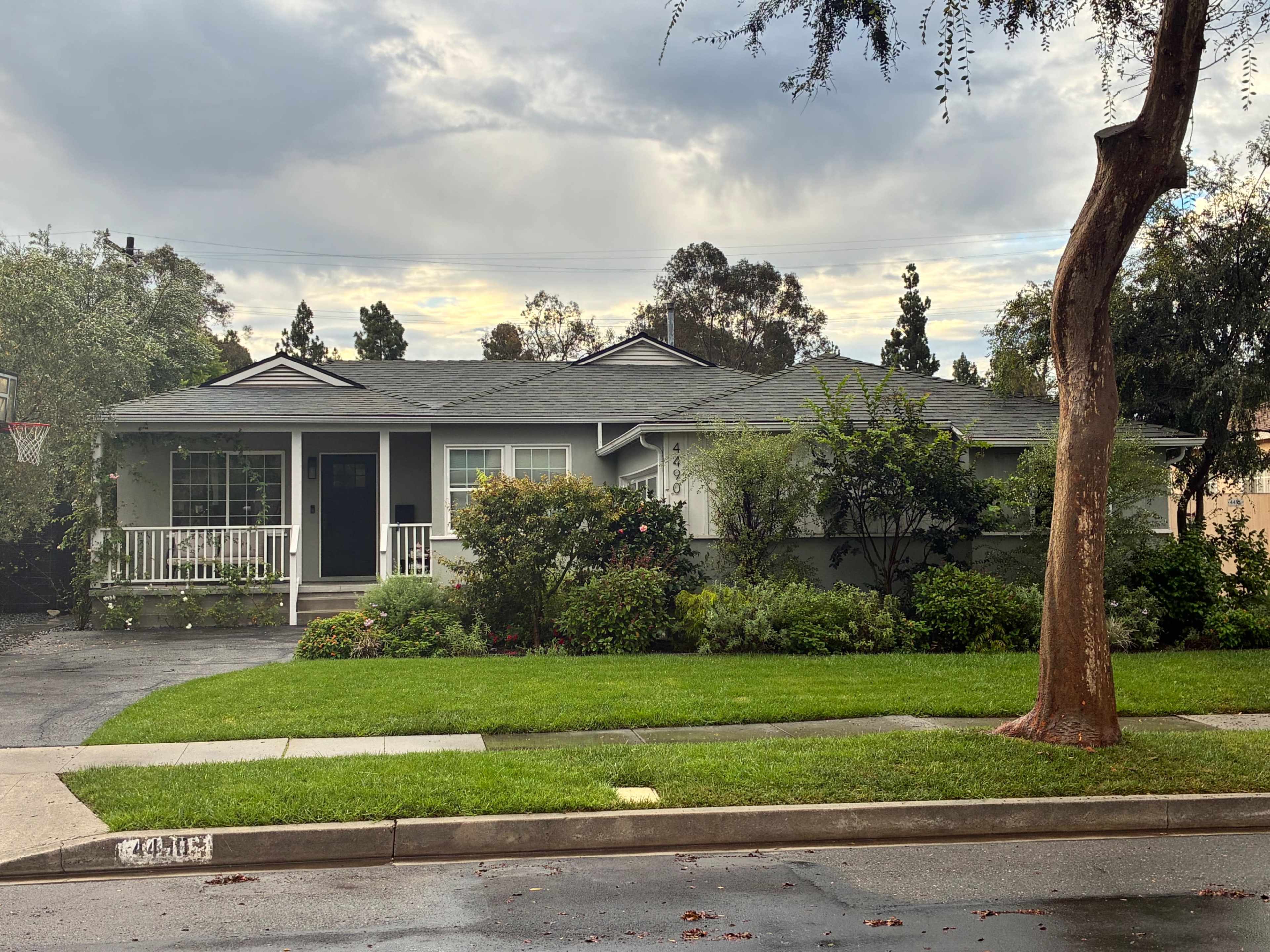 A single-story house with a front yard is surrounded by shrubs and trees, located on a residential street.