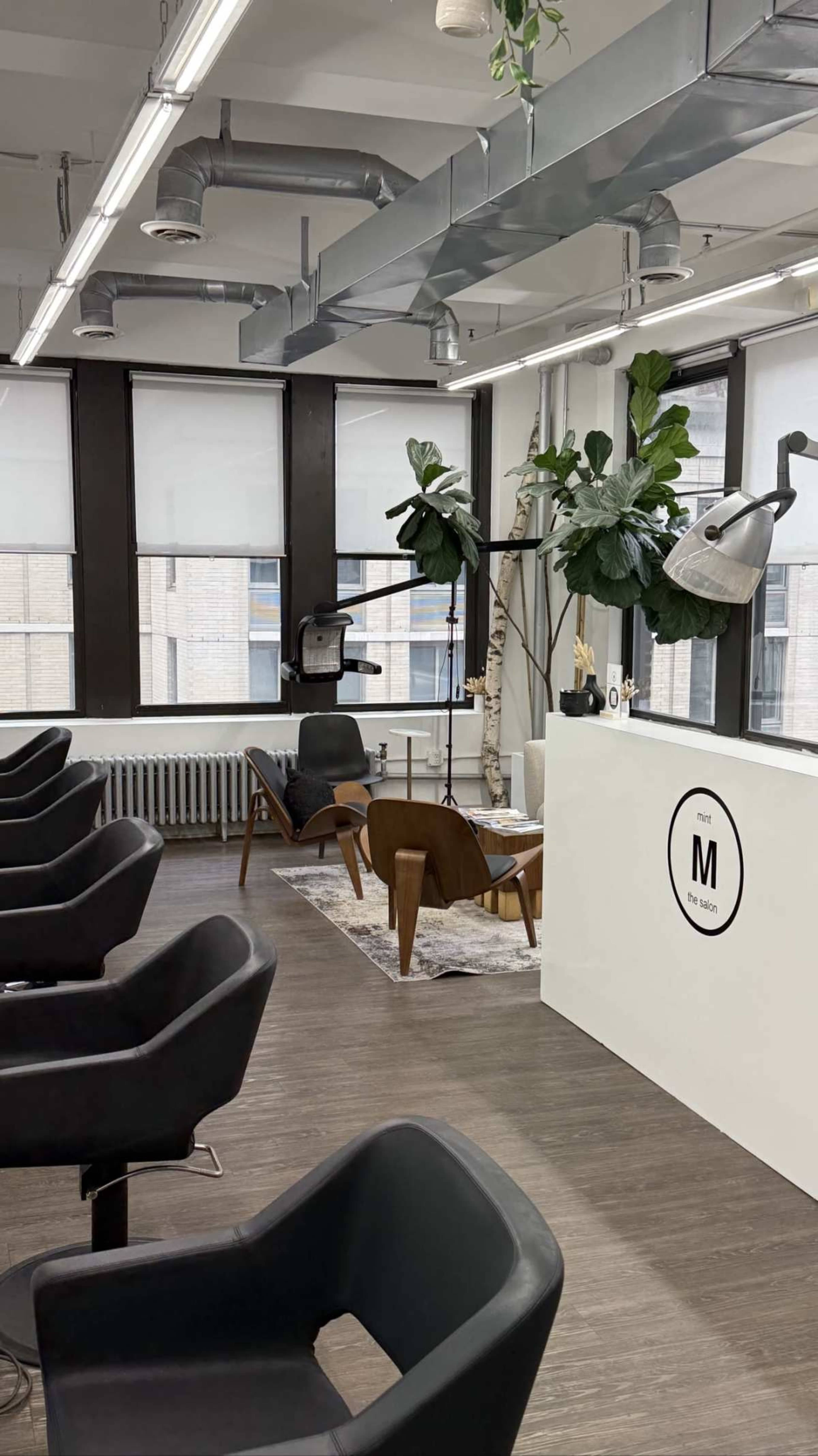 The image shows a modern hair salon interior with black salon chairs, a reception desk, and large windows letting in natural light.
