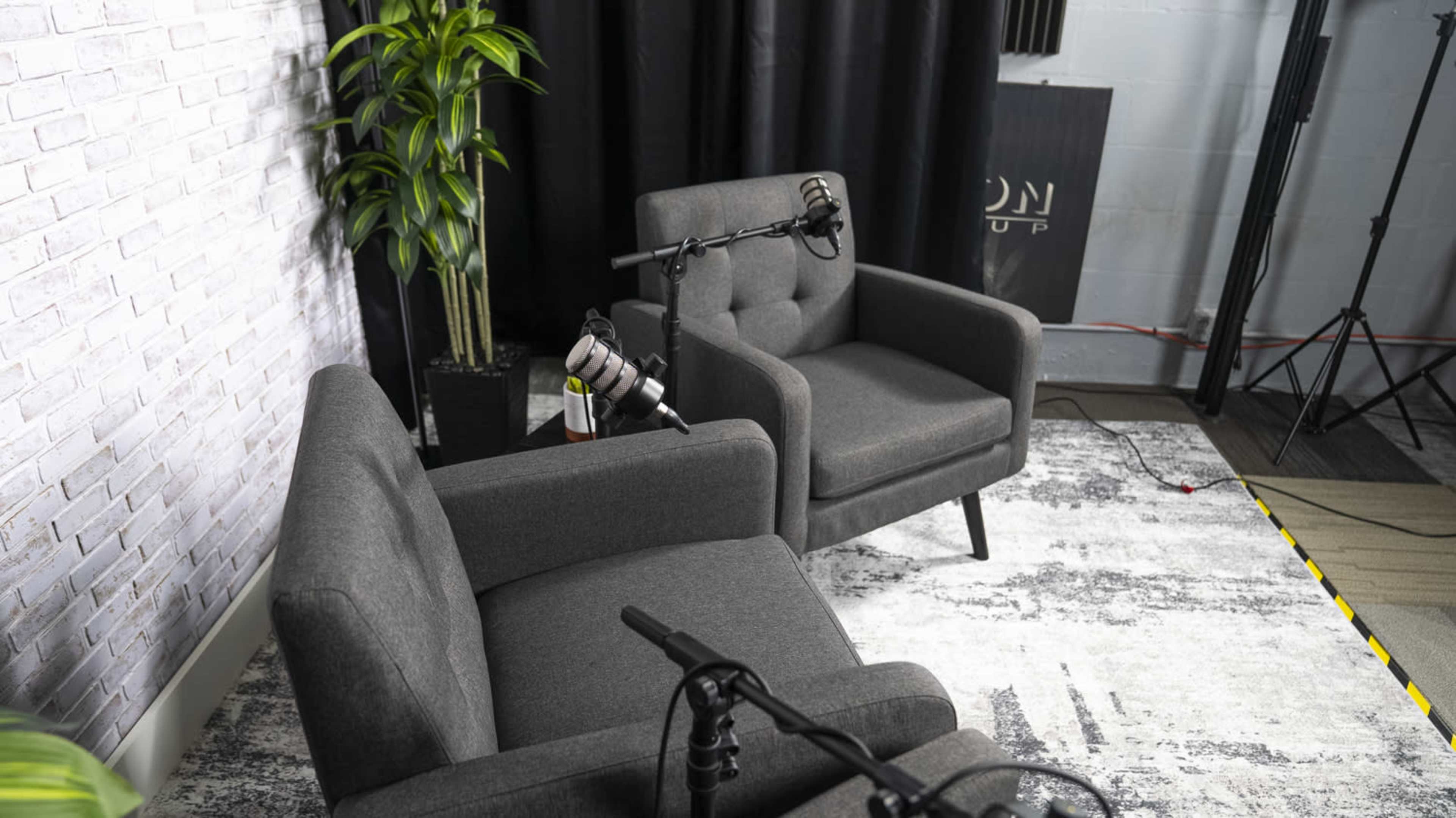 The image features two gray armchairs positioned on a patterned rug in a studio setting, with microphones placed on each chair and a plant beside them.