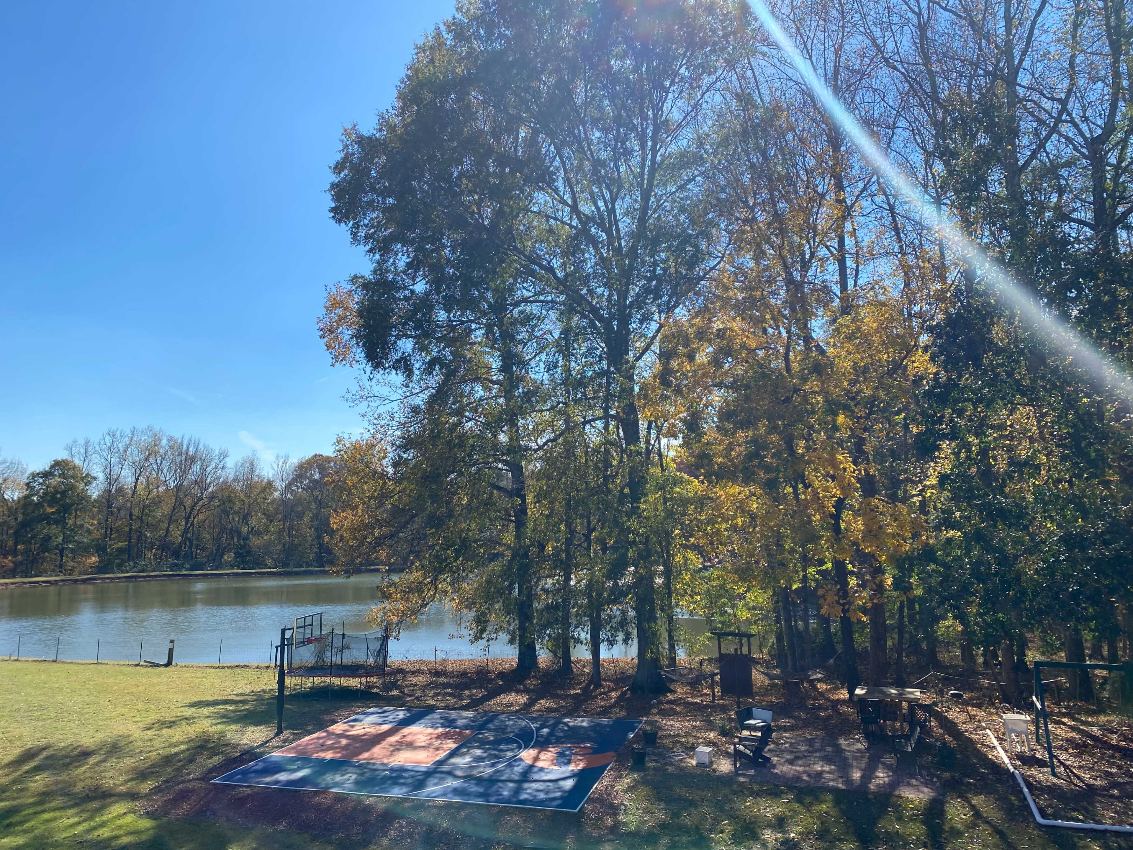 The image shows a peaceful lakeside scene with green grass, trees in autumn foliage, and a basketball court beside the water.