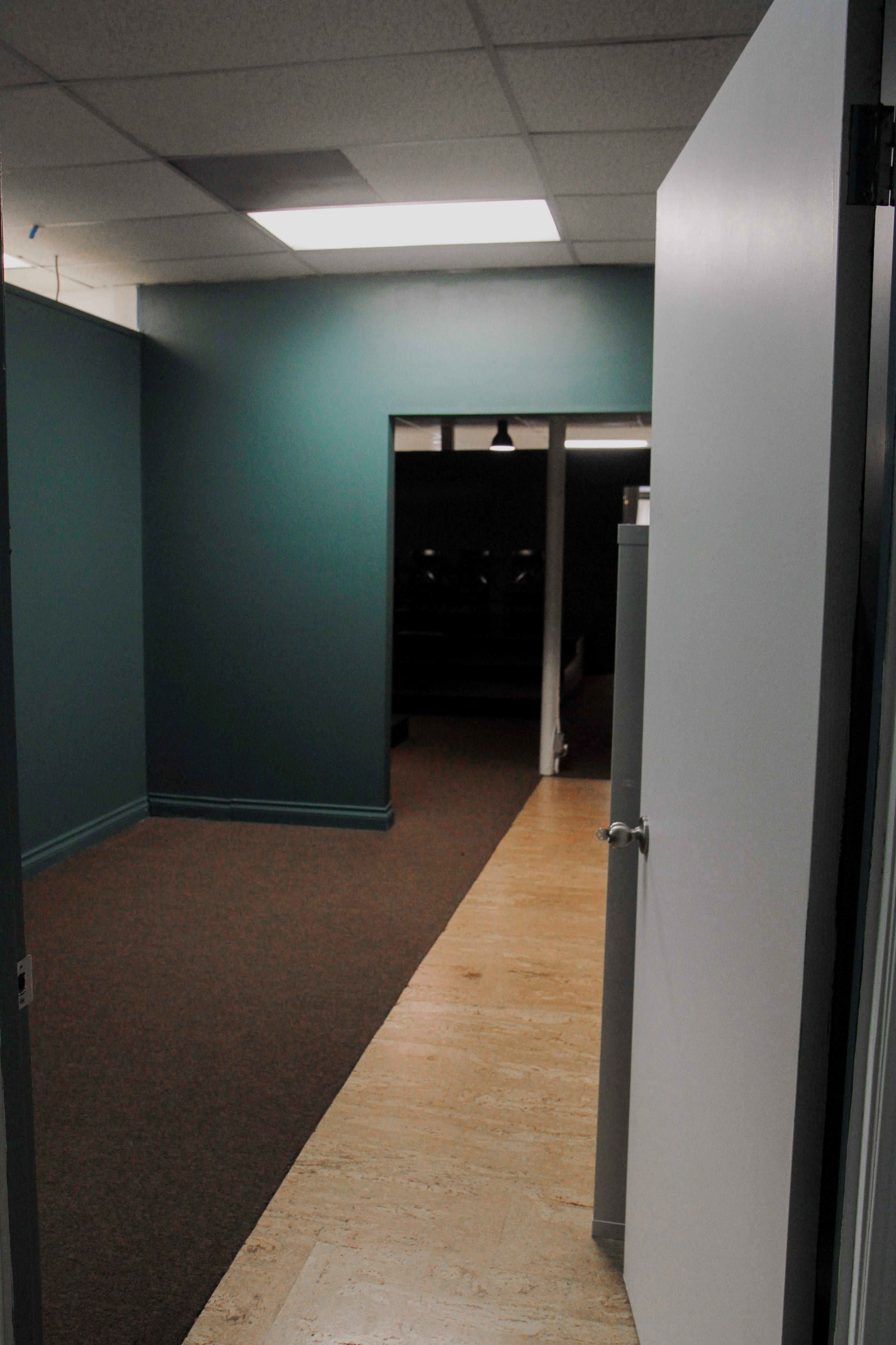 A hallway leading from a white door to a room with teal walls and a carpeted floor.