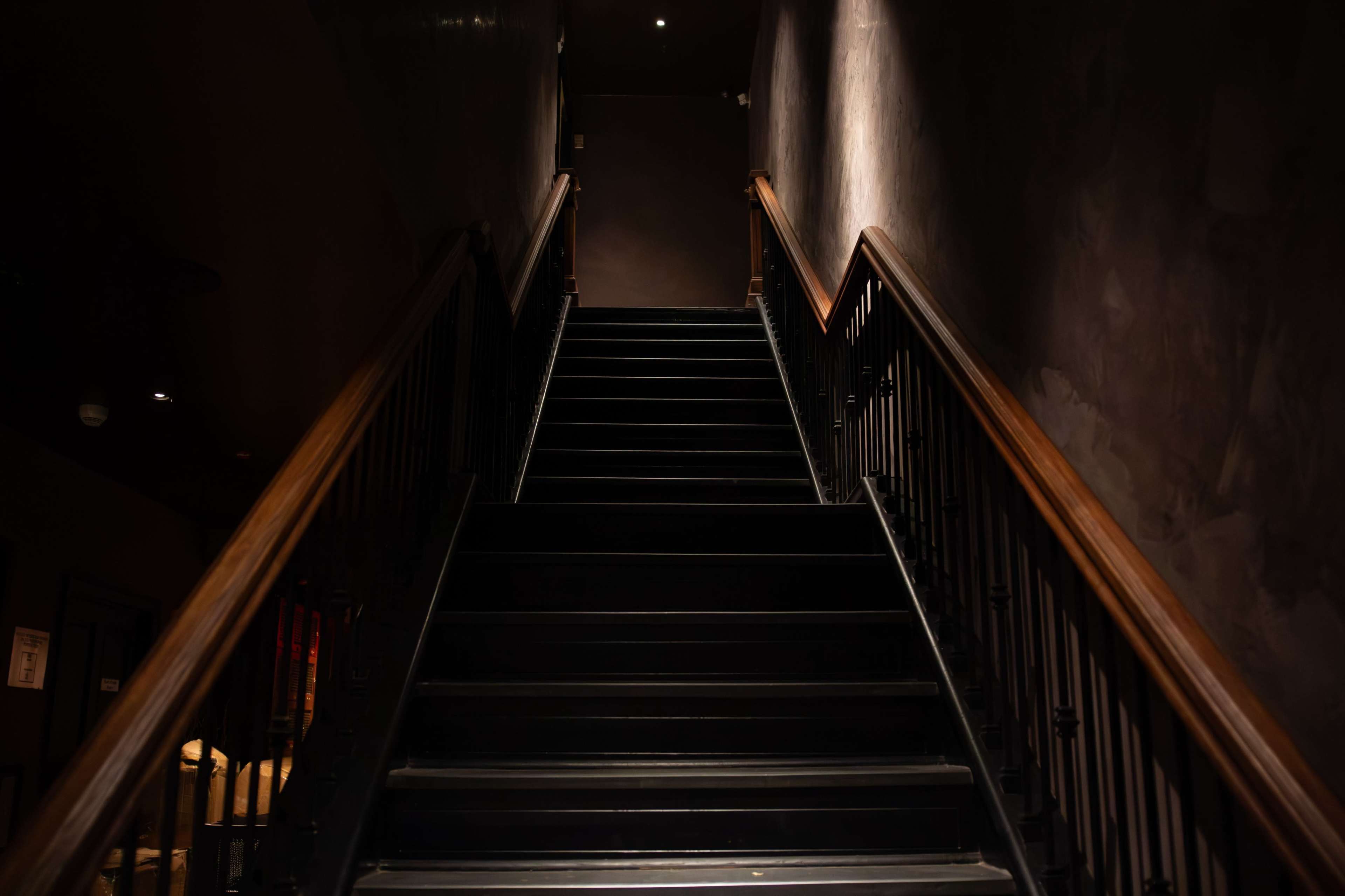 A dark staircase with wooden railings leads upward into a dimly lit area.