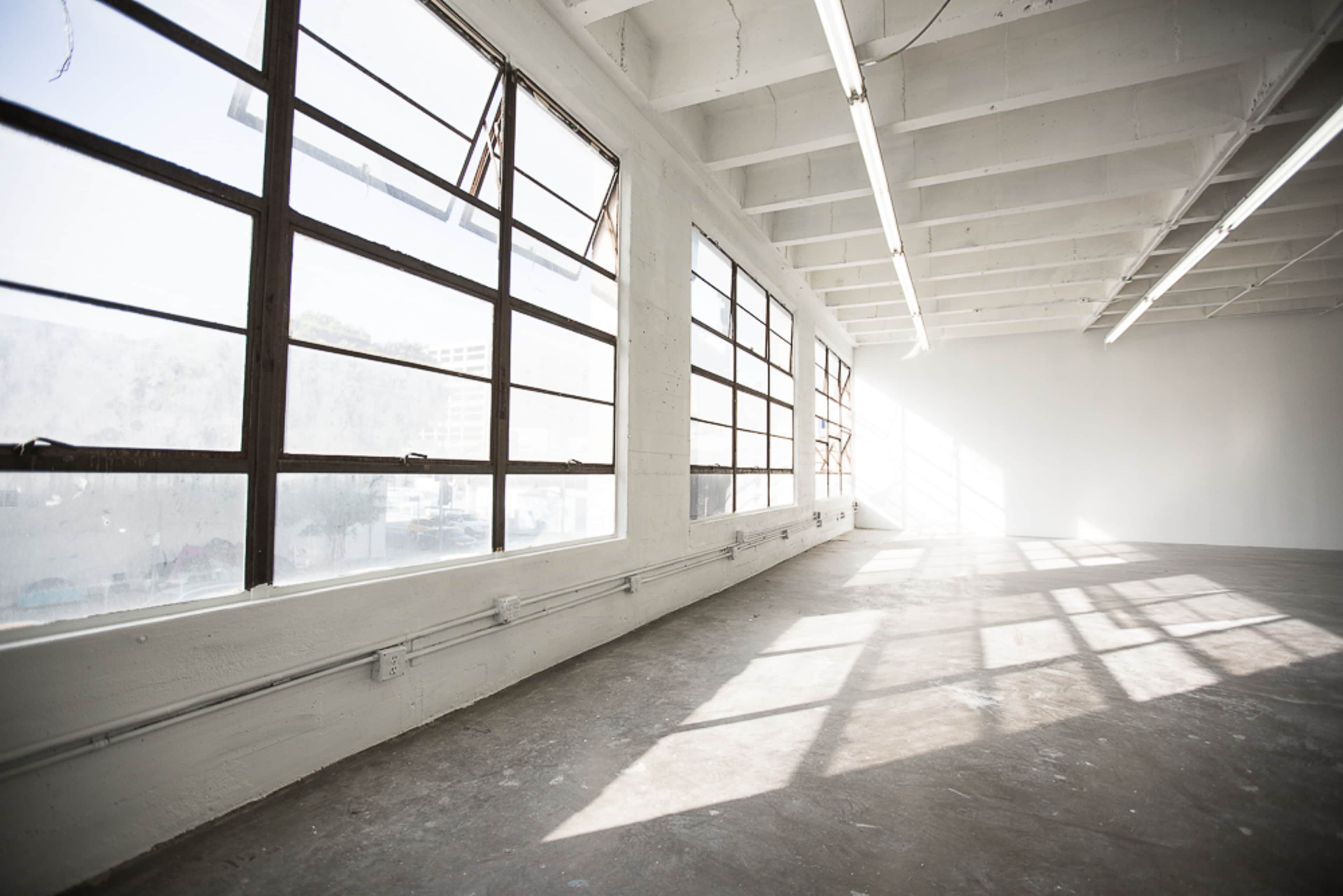 A bright, empty room features large windows that allow natural light to filter in and cast shadows on the concrete floor.