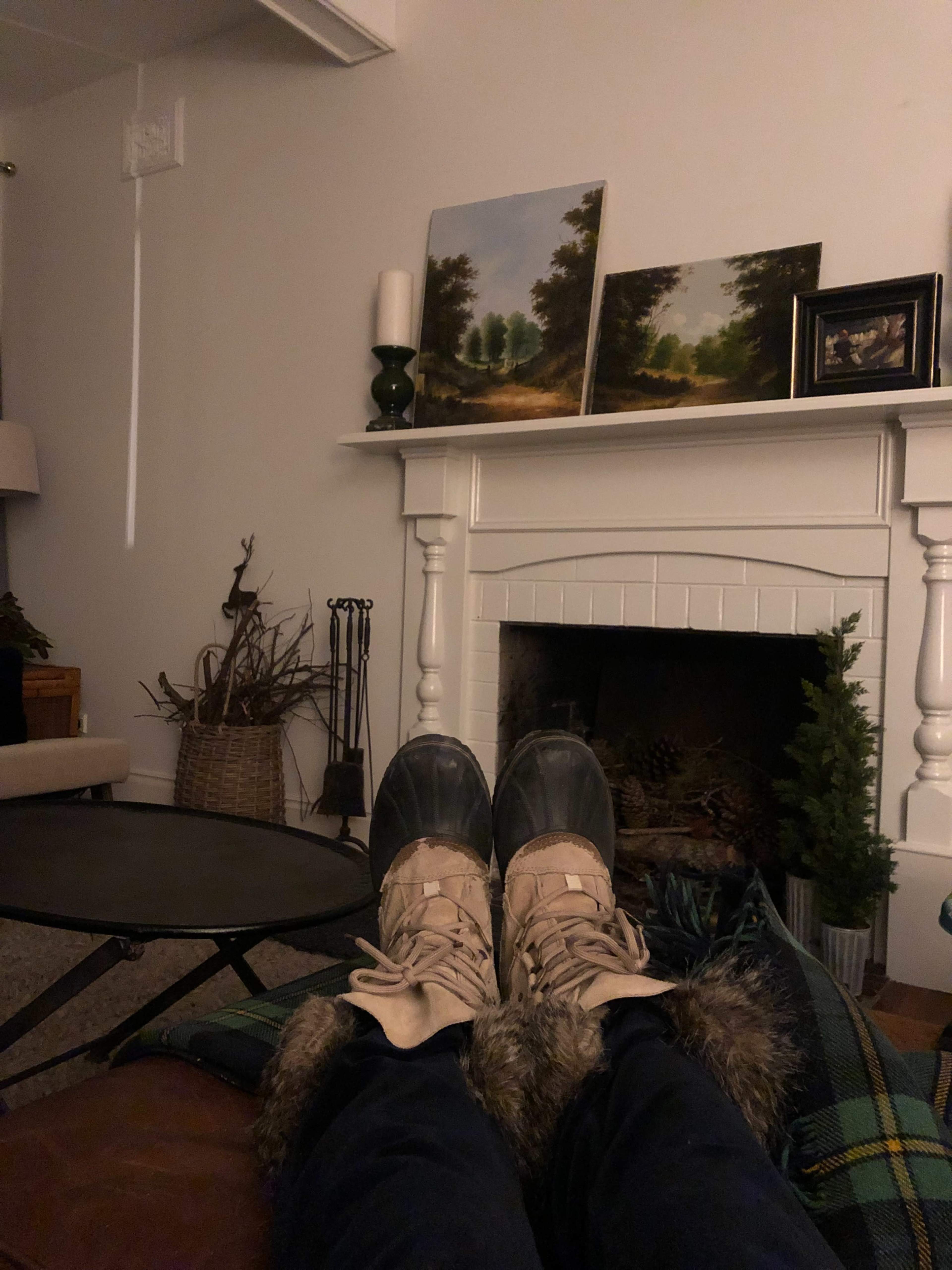 A pair of winter boots rests on a rug in front of a fireplace, with framed paintings and a small evergreen plant visible on a mantle above.