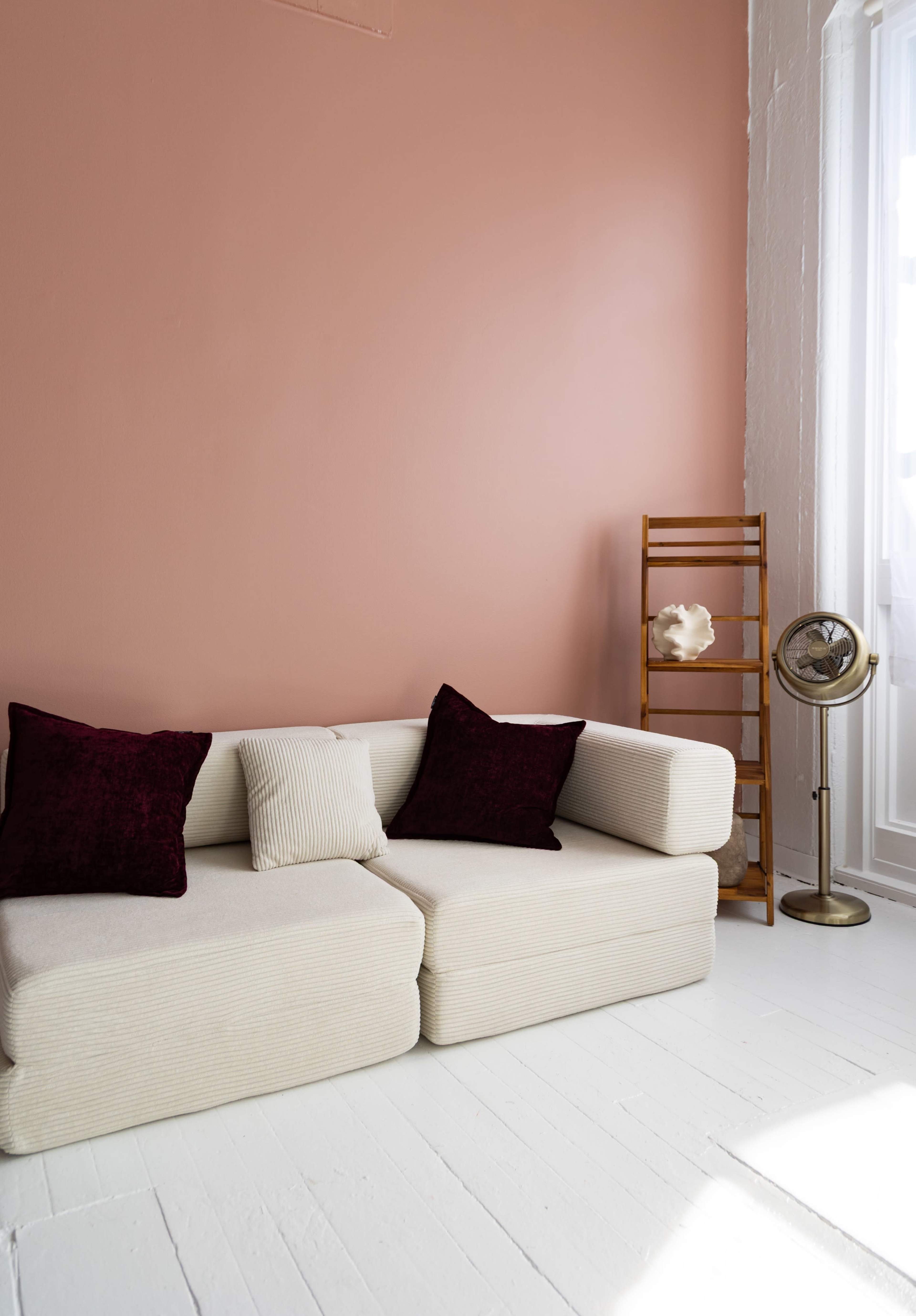 A light-colored sofa with two pillows is positioned against a pink wall, accompanied by a wooden ladder and a decorative object on the floor.