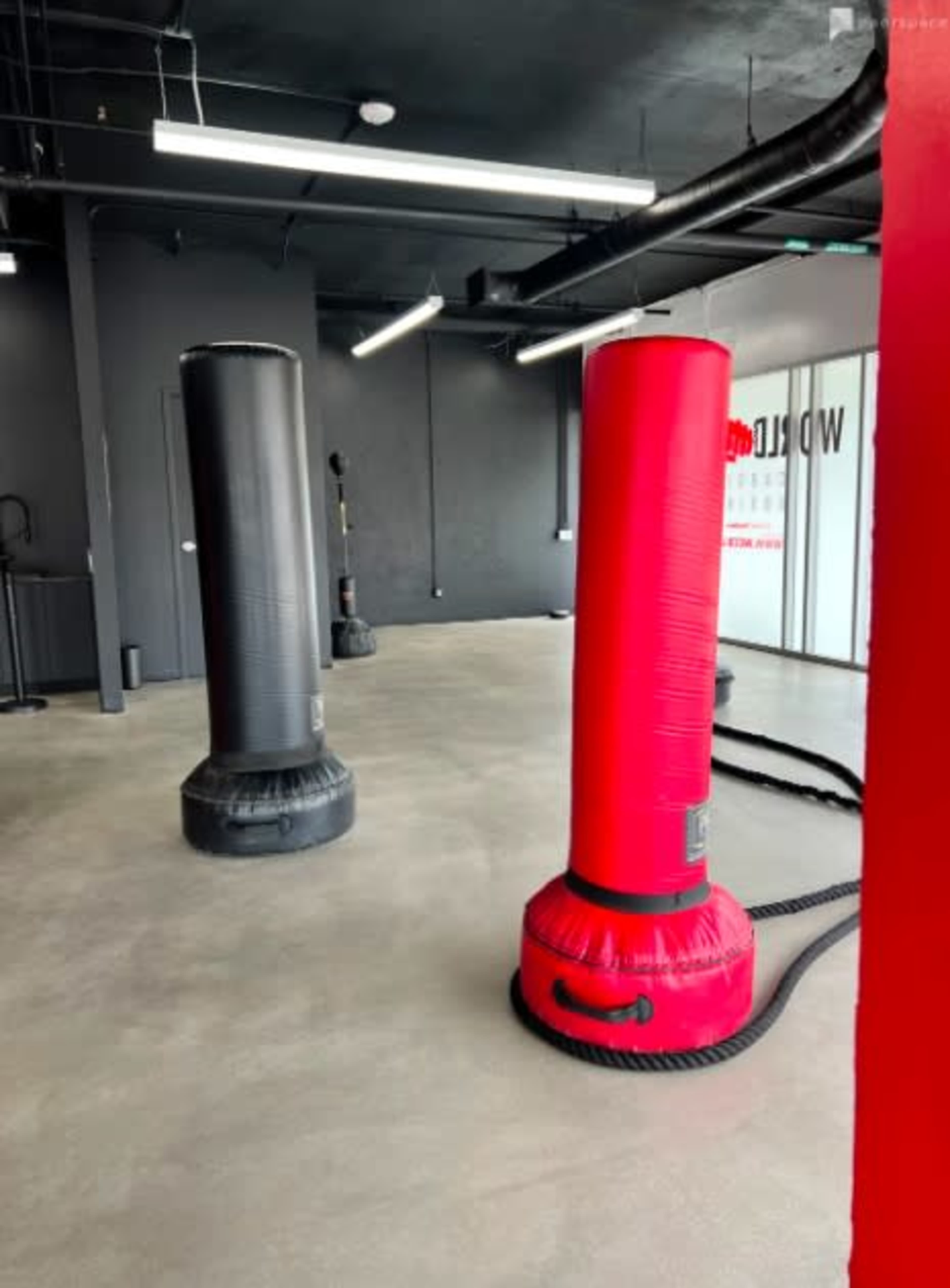 Two standing boxing bags, one black and one red, in a spacious gym environment with bare walls and overhead lighting.