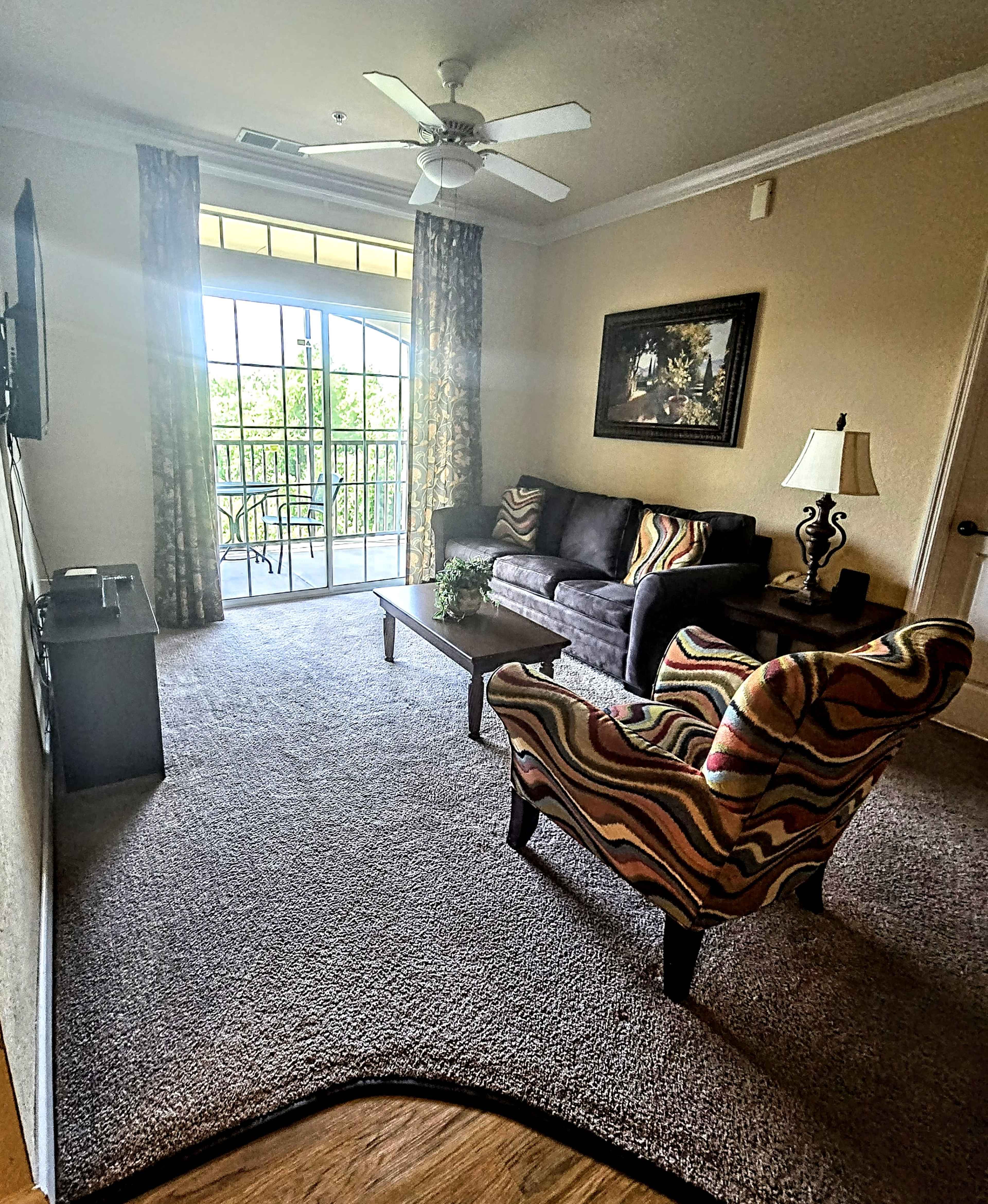The living area features a sofa, a patterned armchair, a coffee table, and a television, with large windows leading to a balcony.
