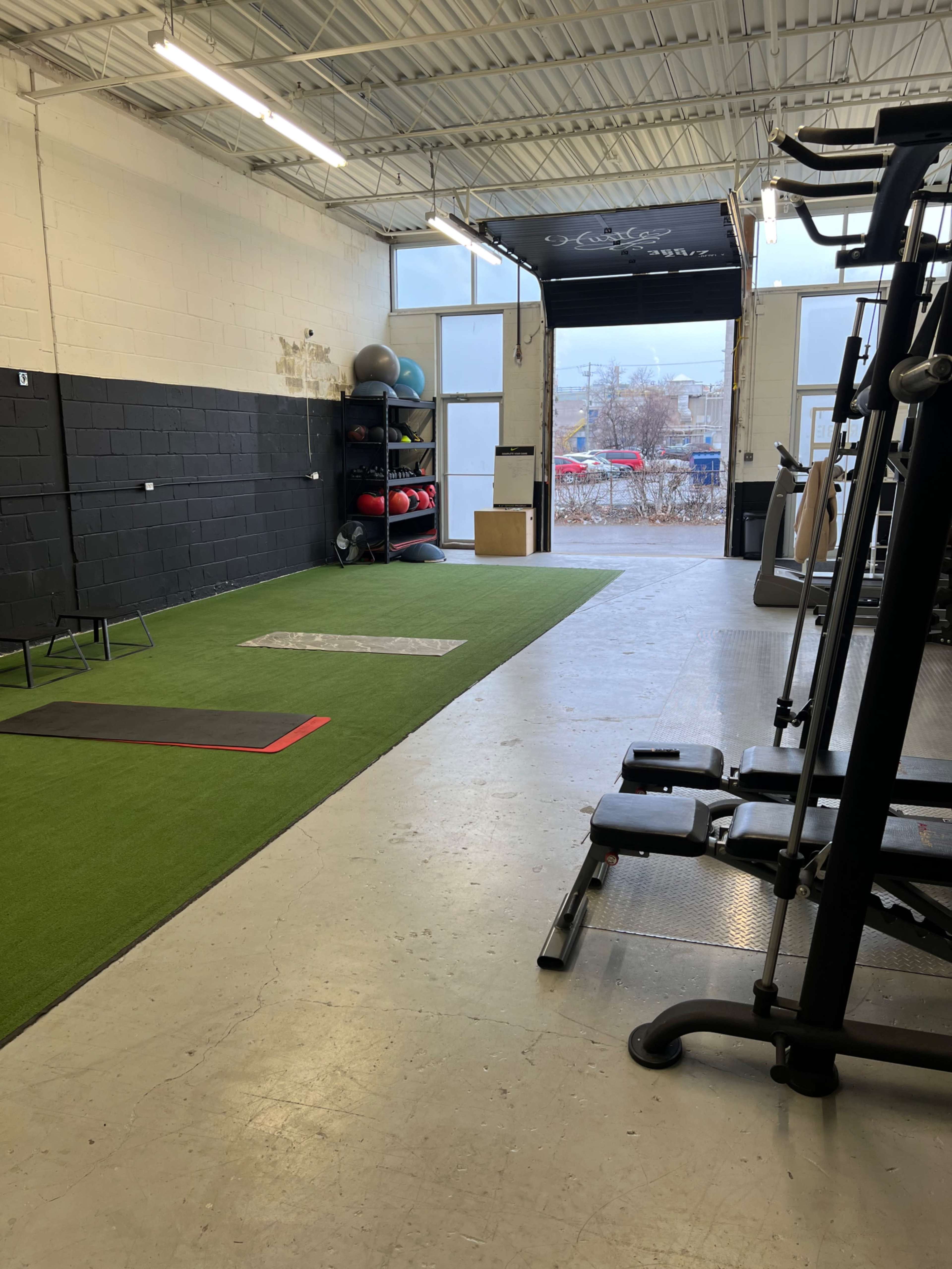 The image shows a gym interior with green turf, exercise equipment, and large windows letting in natural light.