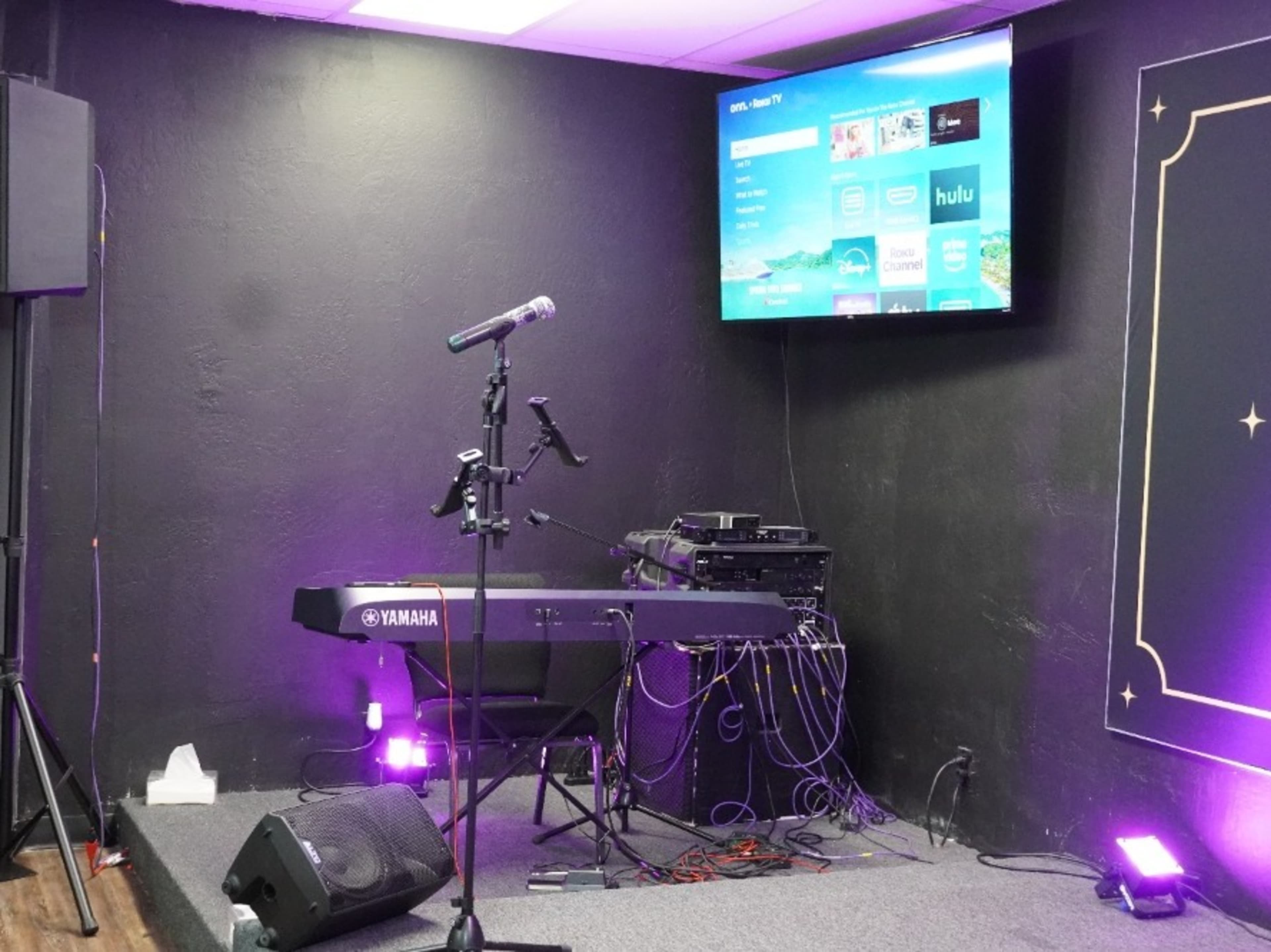 Keyboard, mic and other audio equipment.