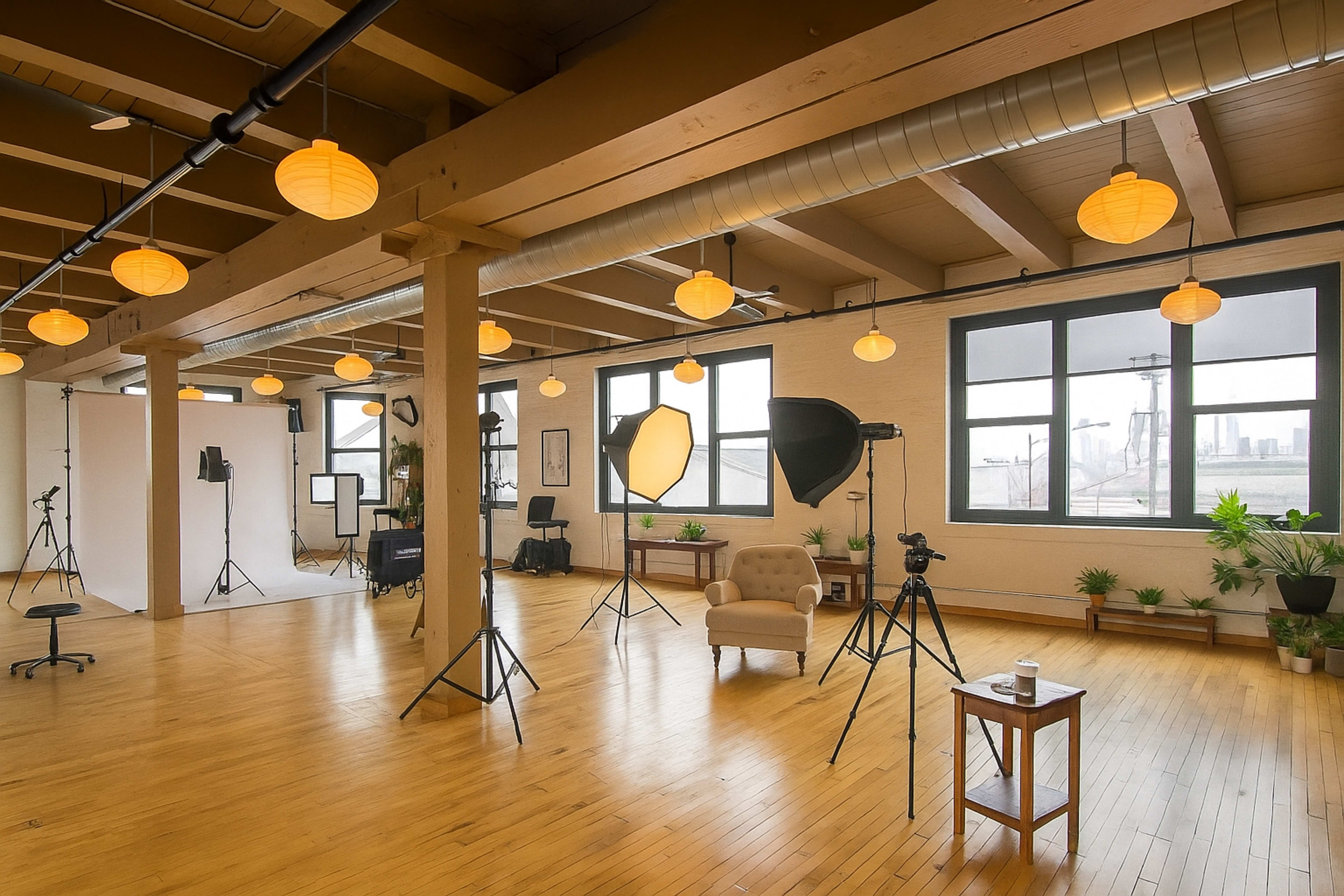 The image shows a spacious photography studio featuring various lighting equipment and a comfortable chair, with large windows allowing natural light to enter.