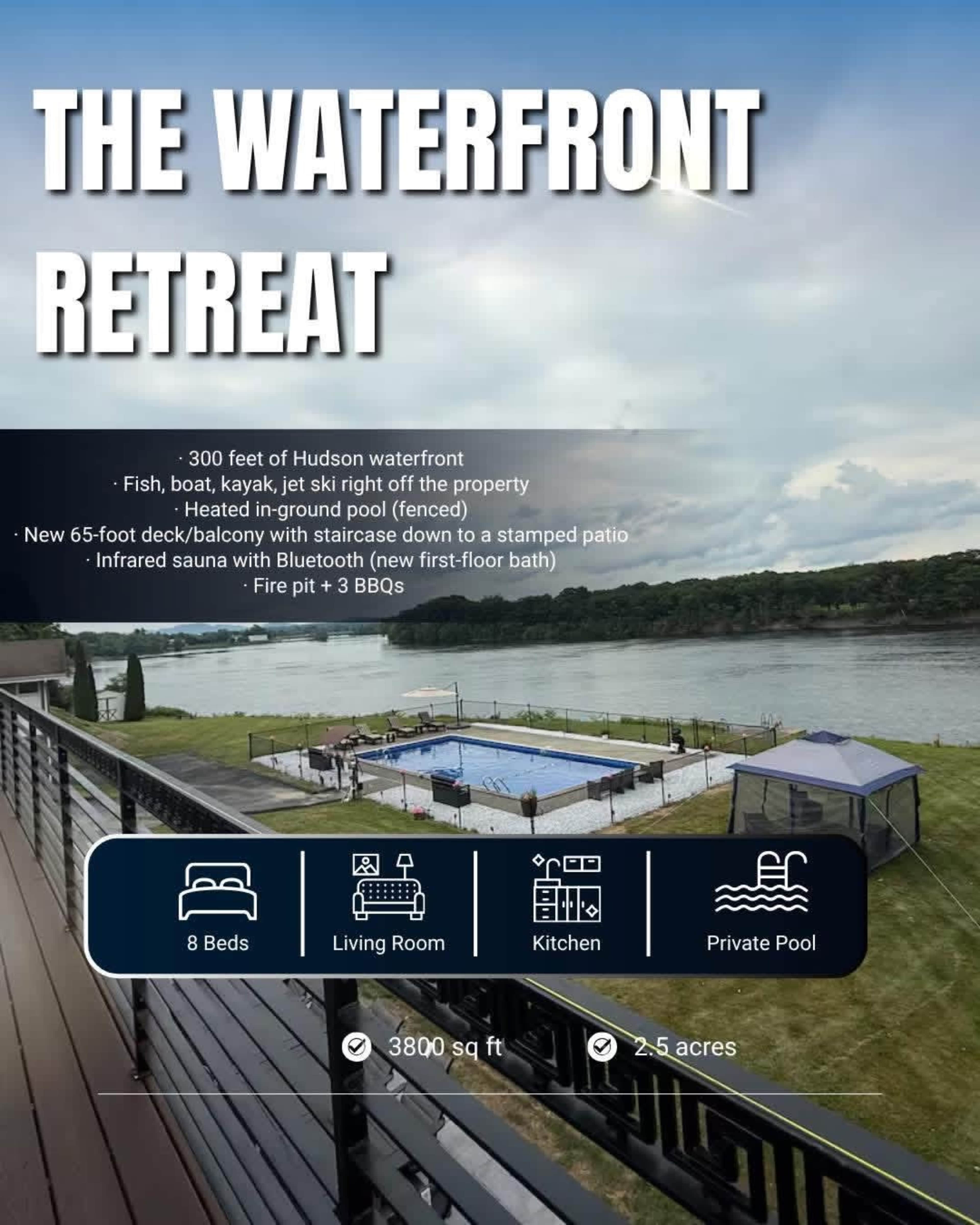 The image features a scenic waterfront property with a large pool, outdoor amenities, and a view of the Hudson River.