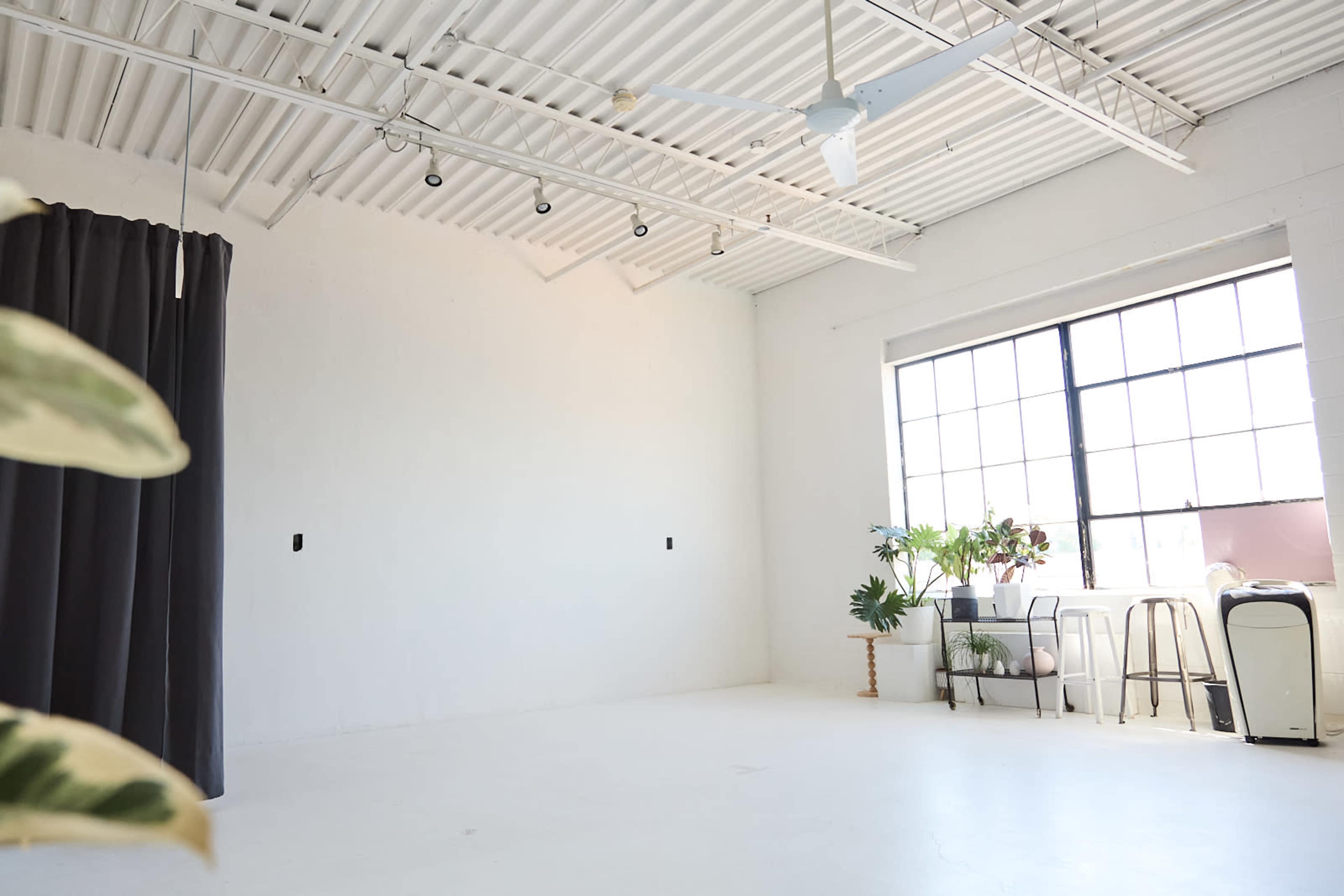 The image shows a bright, spacious studio with white walls, a large window, potted plants, and a few pieces of furniture against one wall.