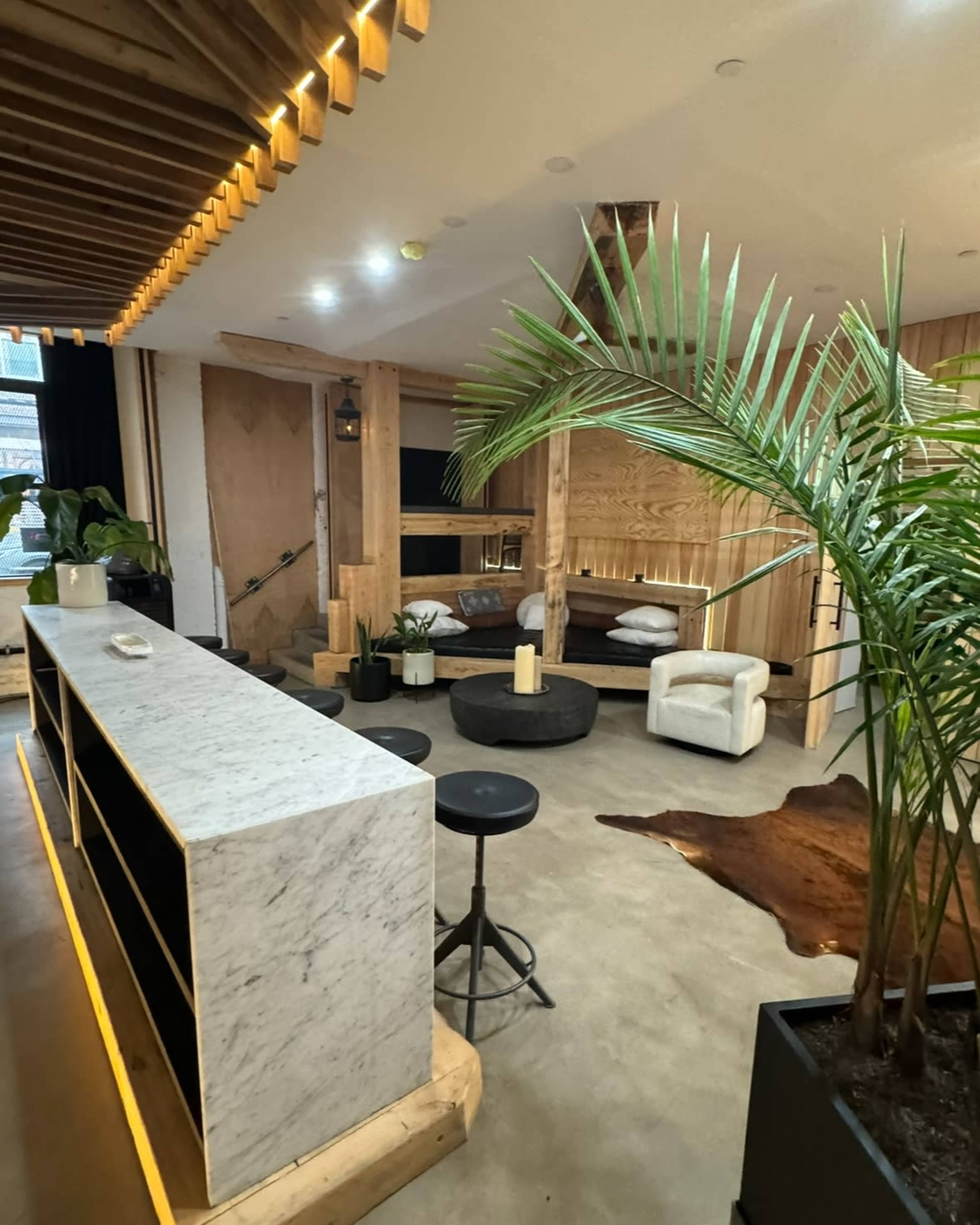 The image shows a modern interior space featuring wooden elements, a marble counter, and a seating area with plants and a cowhide rug.