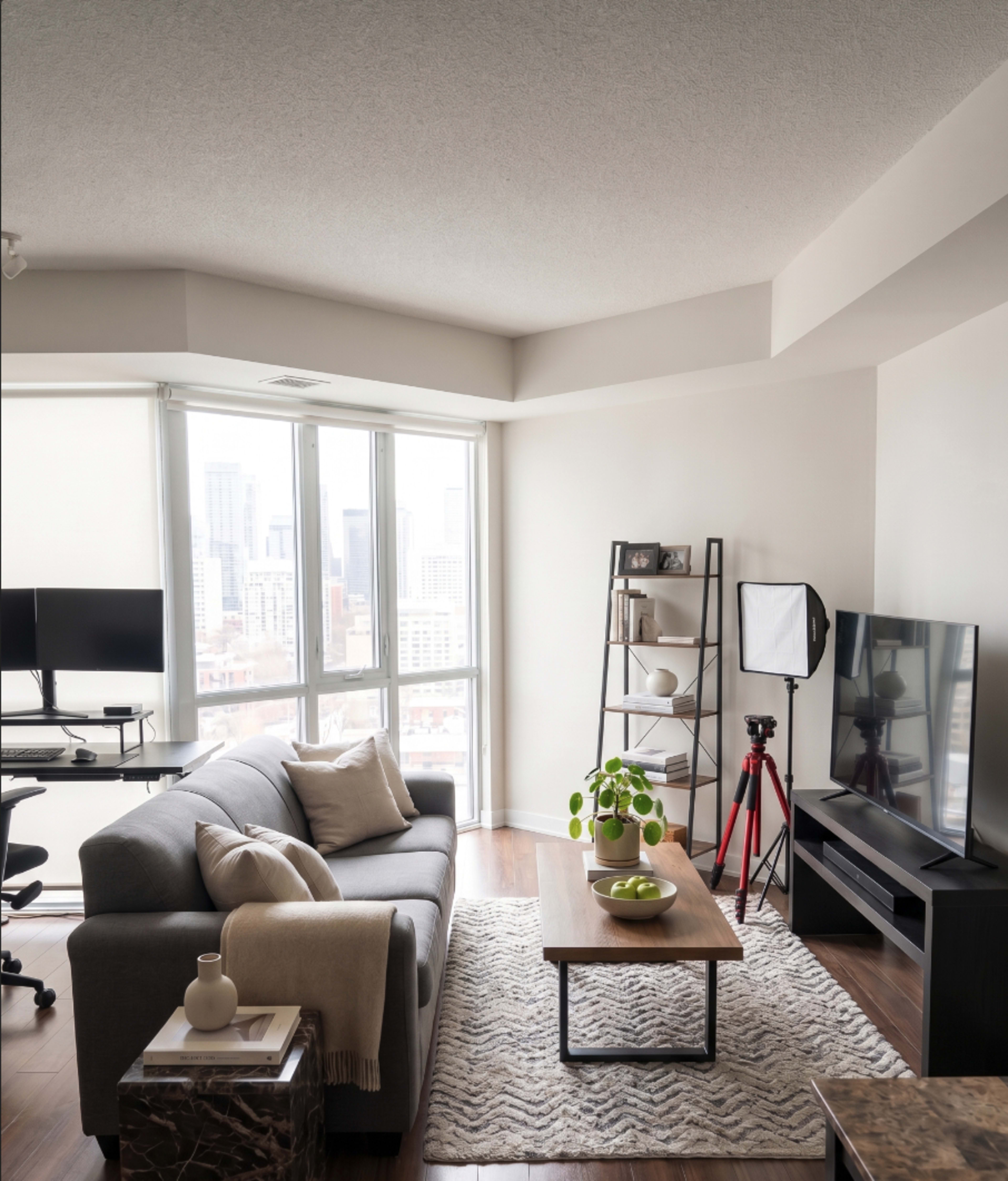 The image shows a modern living room with a gray sofa, a wooden coffee table, a television stand, and large windows that offer a city view.