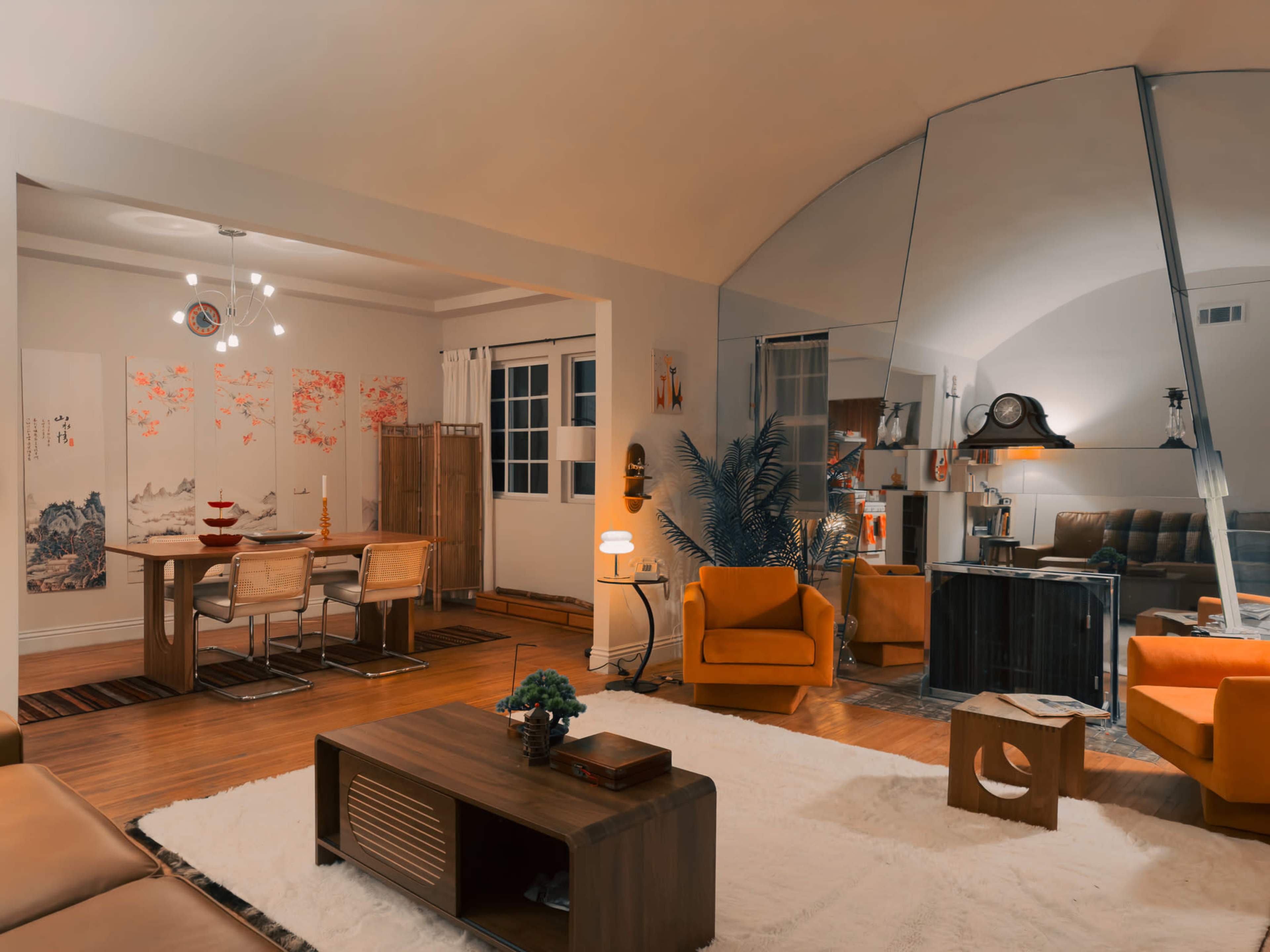 The image shows a spacious and modern living room and dining area with mid-century furniture, warm wood floors, and decorative plants.