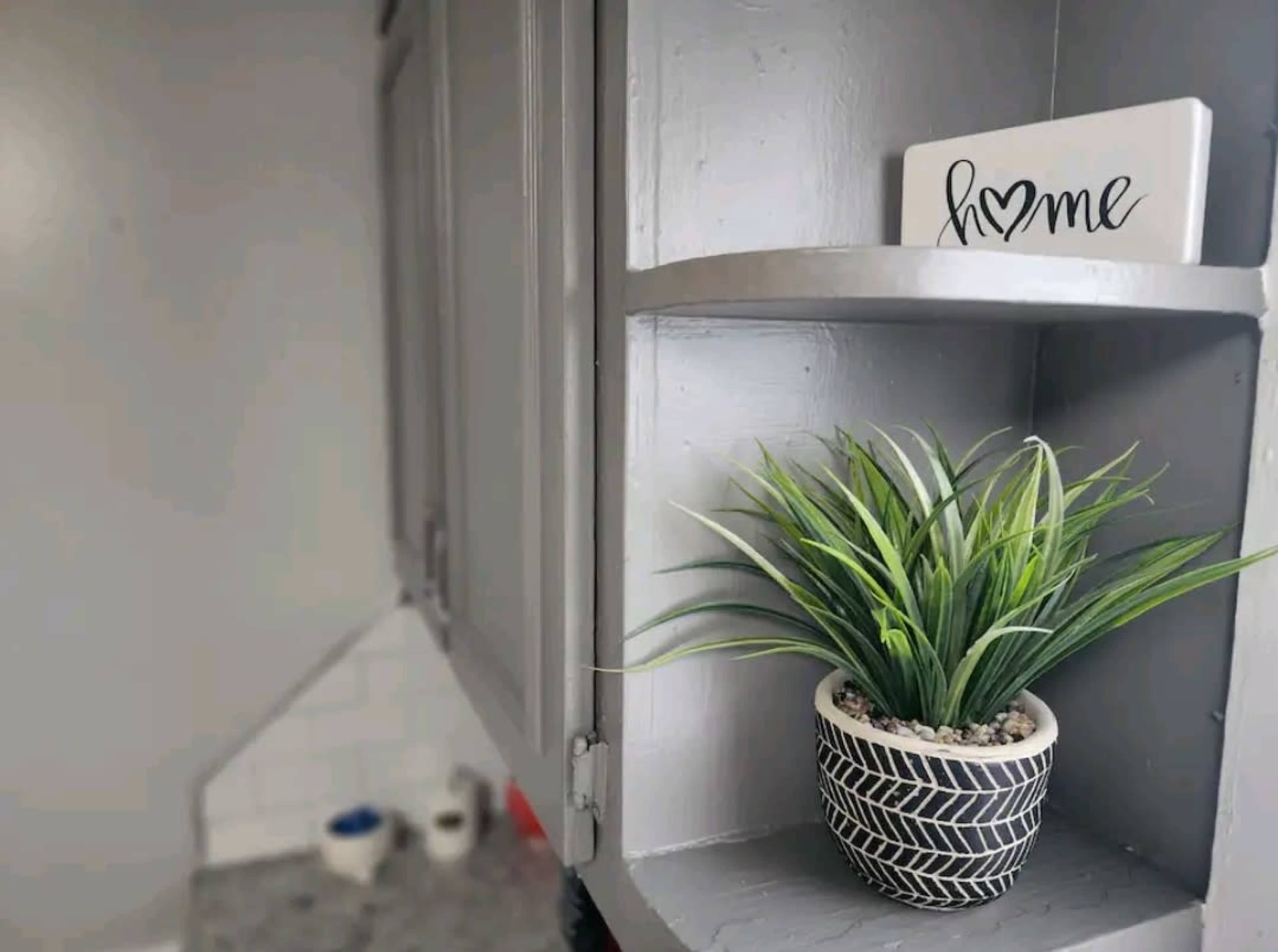 A small potted plant sits on a shelf next to a decorative sign that says "home" in a kitchen with gray cabinetry.