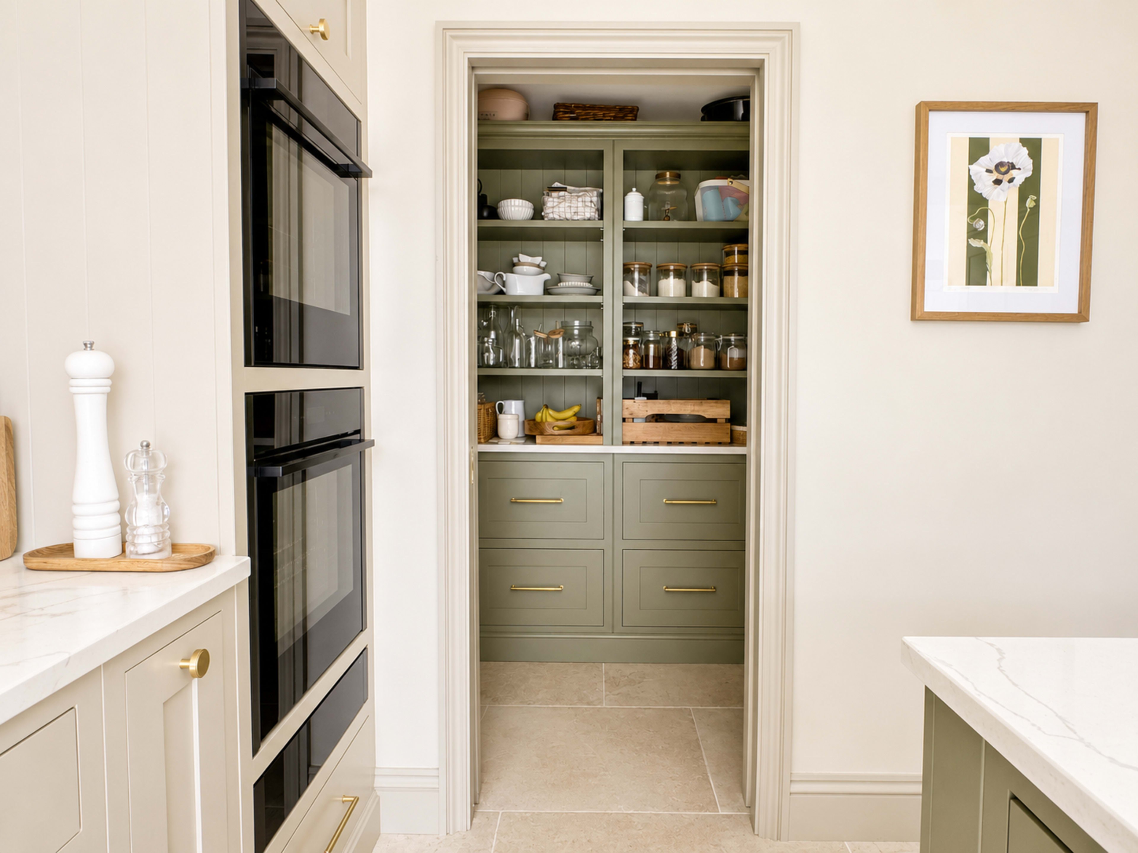 A pantry with green cabinetry and shelves filled with various kitchen items is visible through a doorway in a modern kitchen.