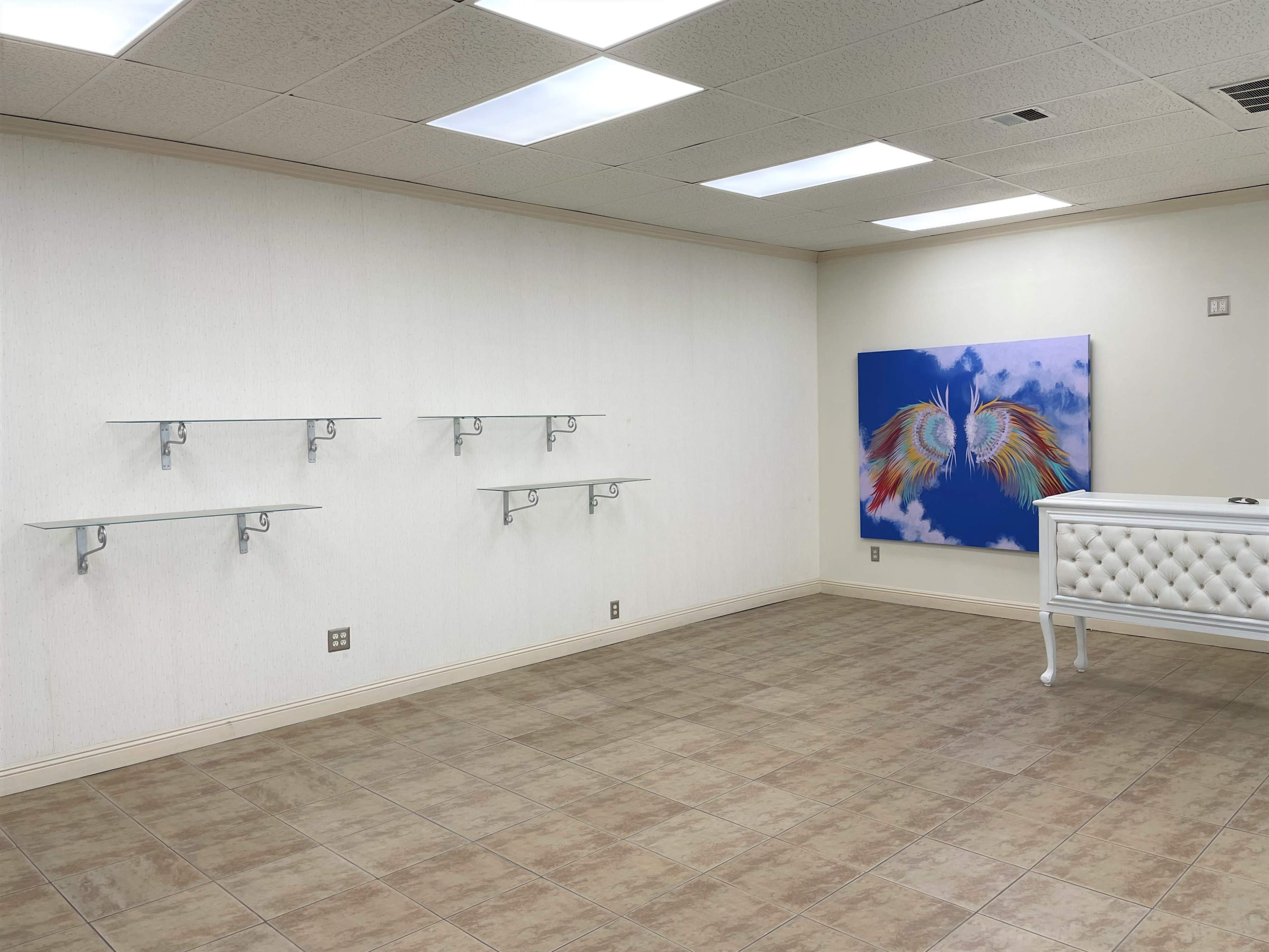 The room features light-colored walls and tiled flooring, with wall-mounted shelves on one side and a large artwork of a bird with colorful wings on the opposite wall.