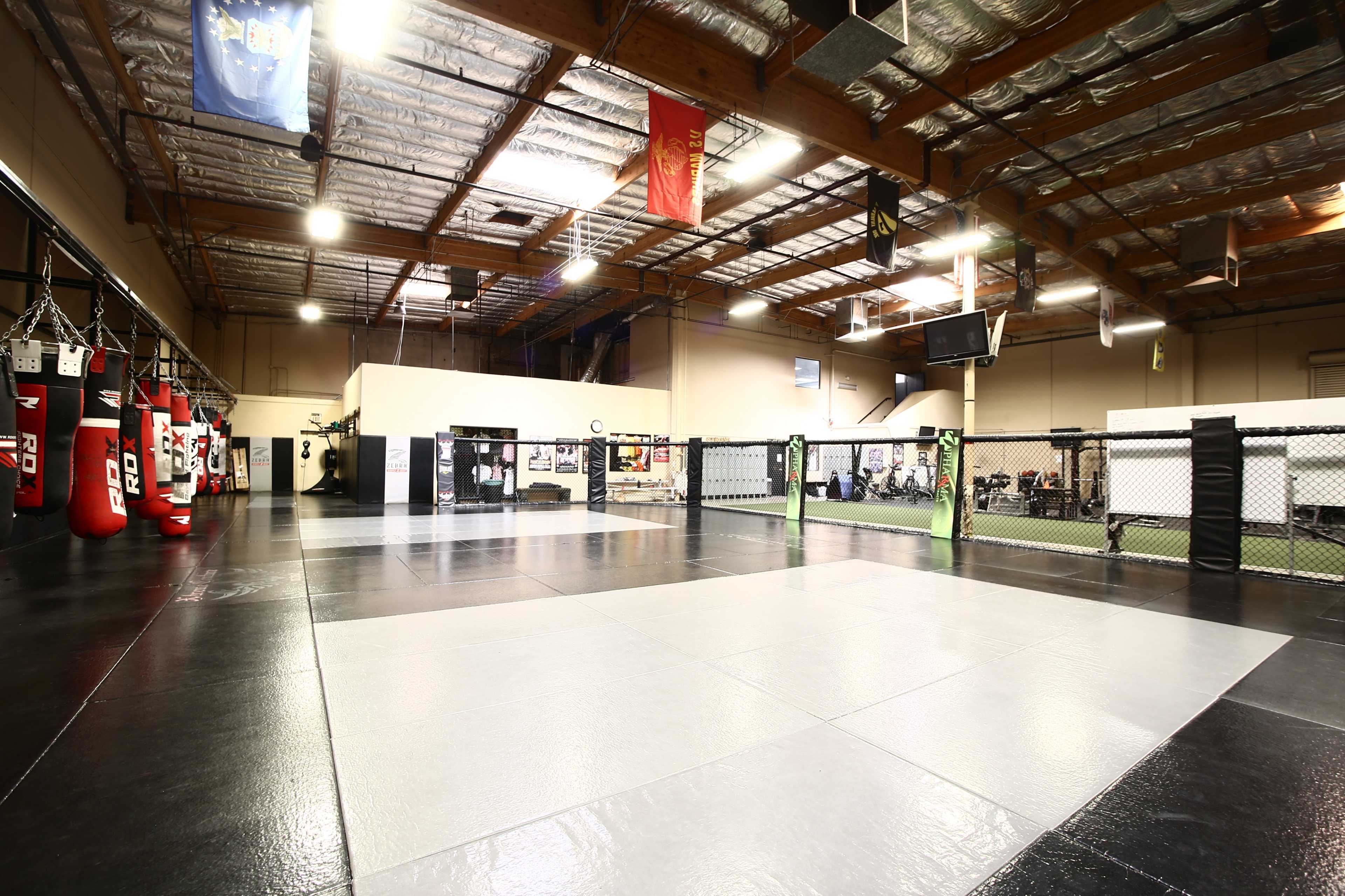 A spacious mixed martial arts training facility featuring a central training mat, padded punching bags, and gym equipment in a well-lit interior.