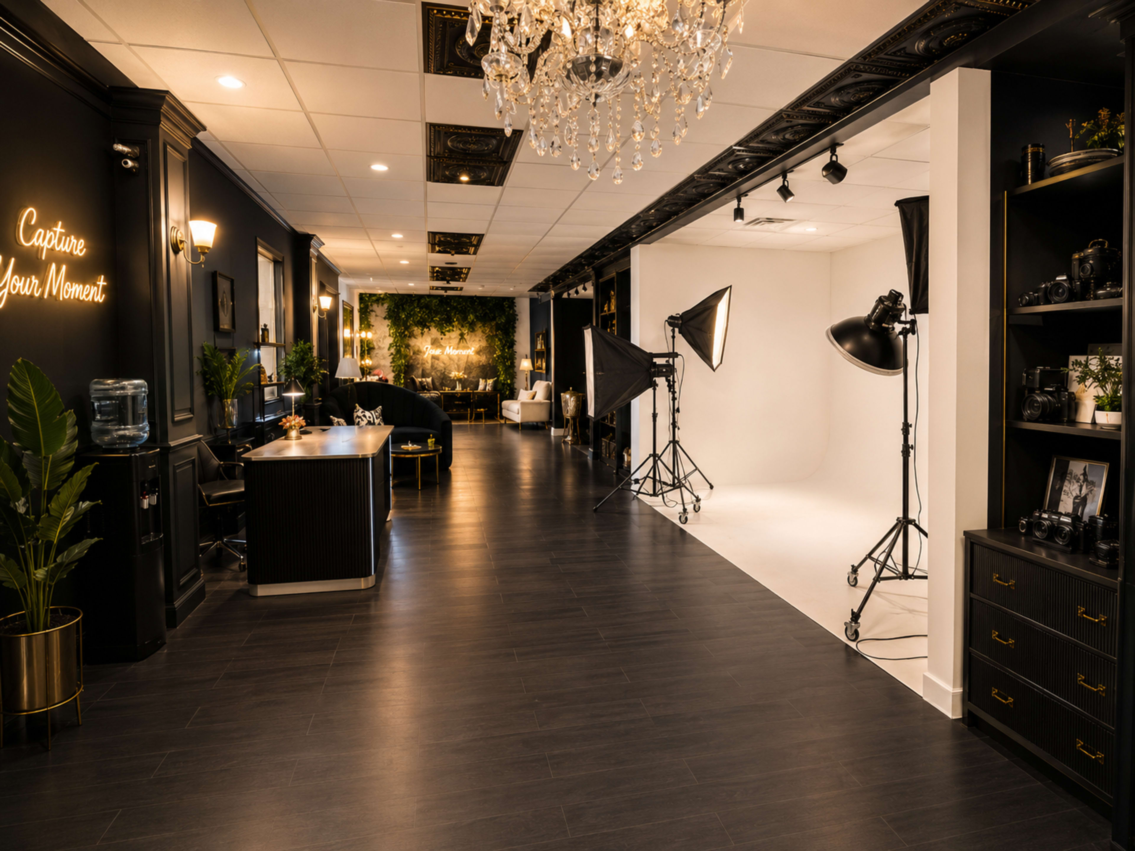 The image shows a photography studio with a reception area, a seating space, and an adaptable backdrop setup featuring lighting equipment.